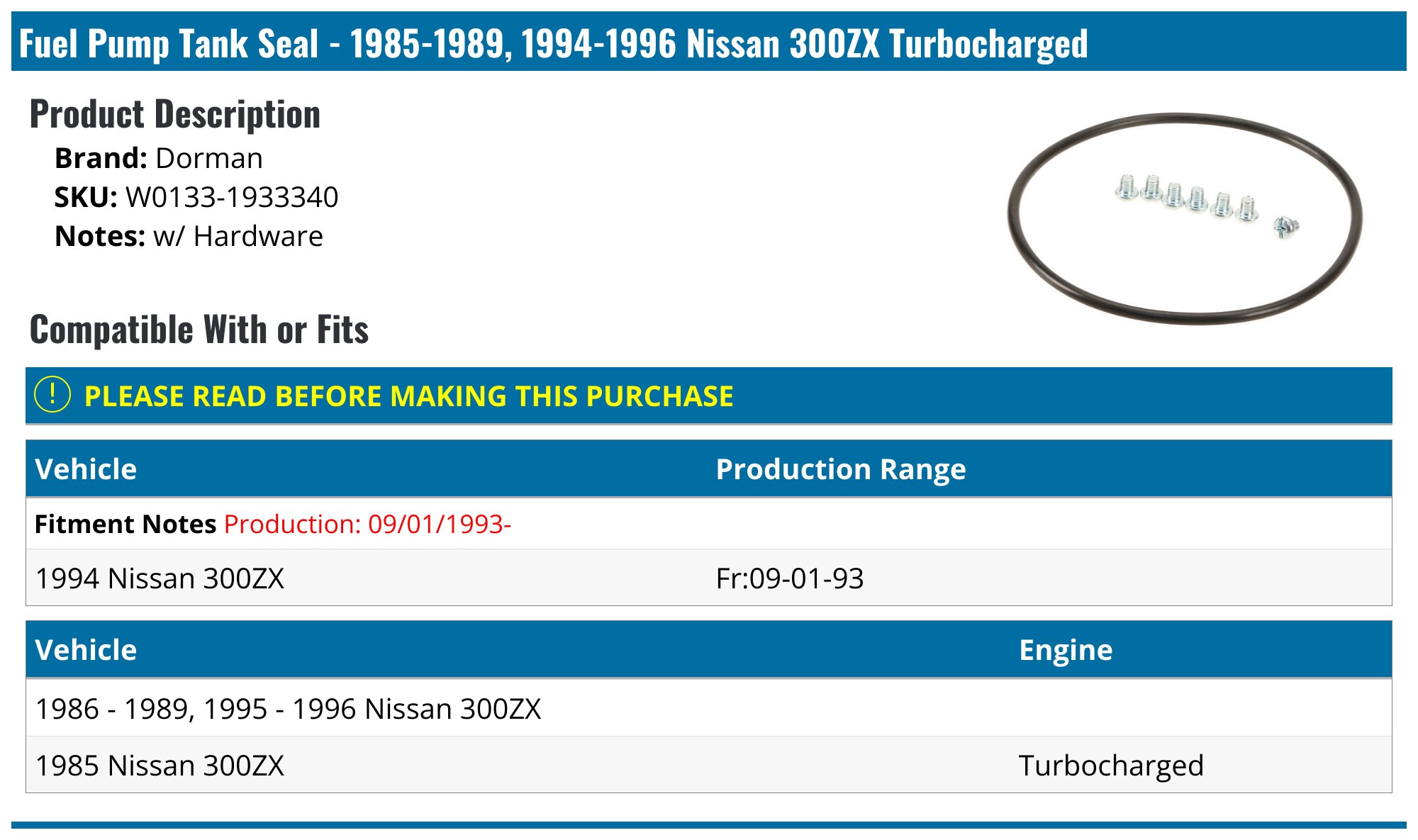 1985-1989, 1994-1996 Nissan 300ZX Fuel Pump Tank Seal - Dorman