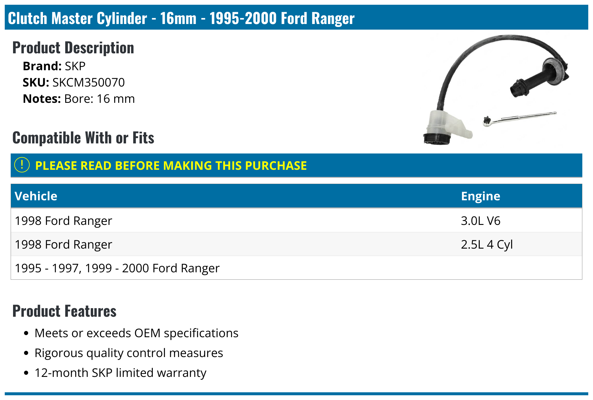 19952000 Ford Ranger Clutch Master Cylinder SKP SKCM350070