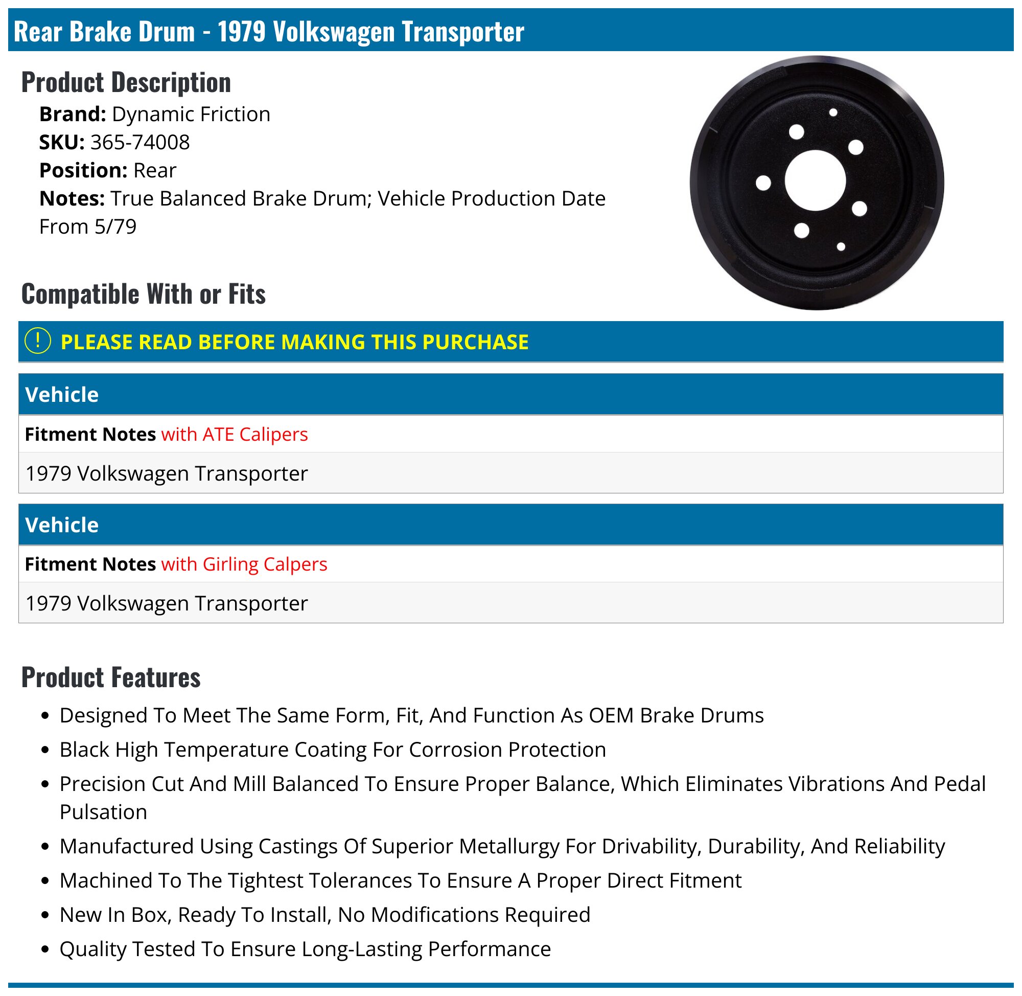 1979 Volkswagen Transporter Brake Drum - Dynamic Friction 365-74008 ...