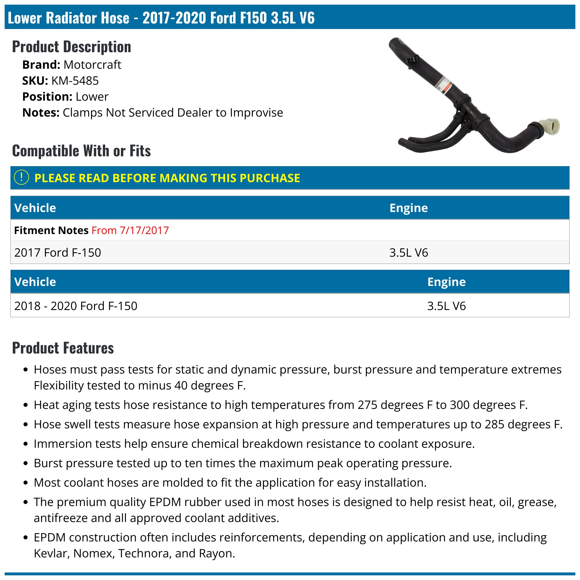 2017-2020 Ford F150 Radiator Hose - Motorcraft KM-5485 - Lower ...