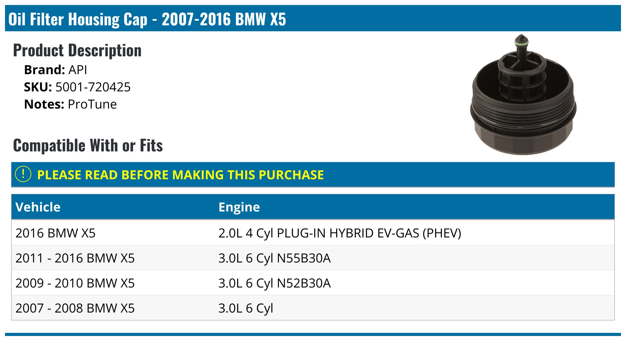 2007-2016 BMW X5 Oil Filter Housing Cap - API 24083-02235118 ...