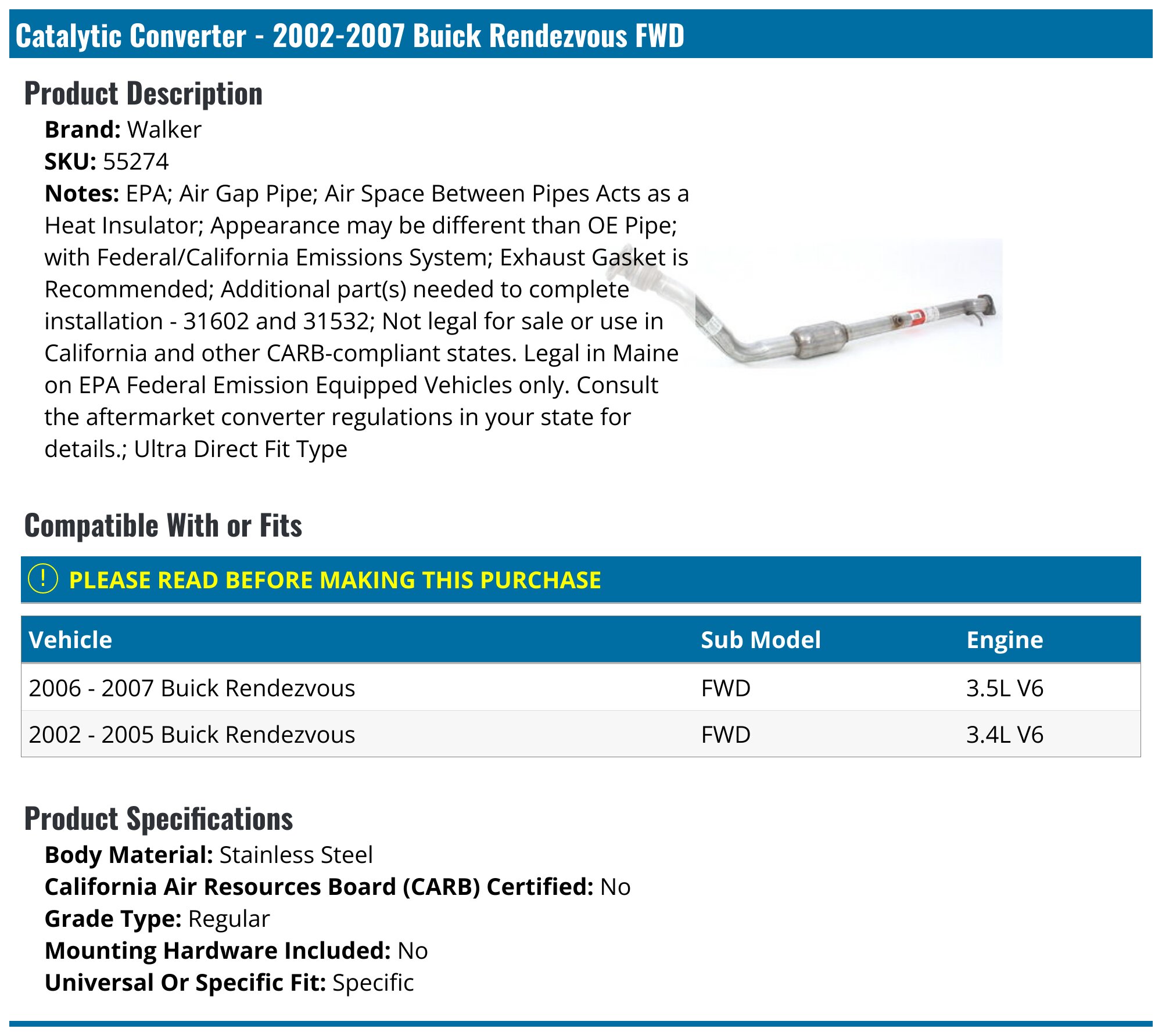 Northeastern Exhaust Cat Back System – Fits 2002–2007 Buick Rendezvous 3.4L/3.5L – Aluminized Steel Muffler Kit W/ Clamps & Gaskets
