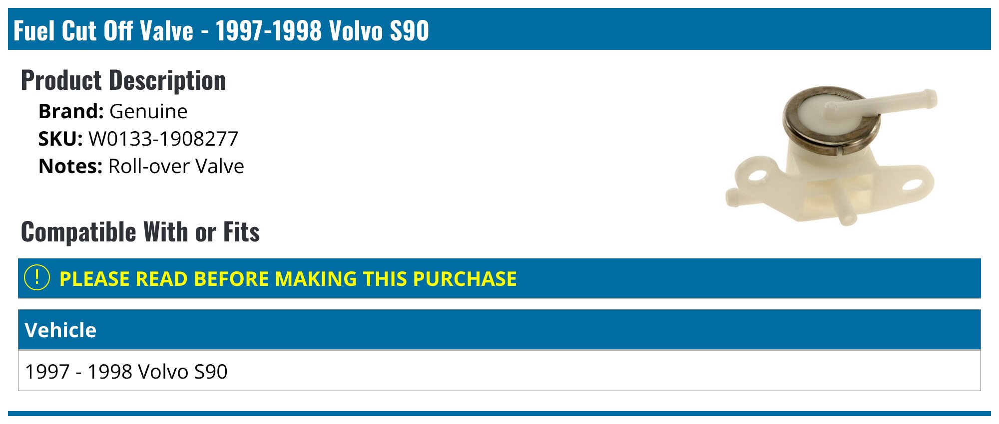 19971998 Volvo S90 Fuel Cut Off Valve Genuine W01331908277