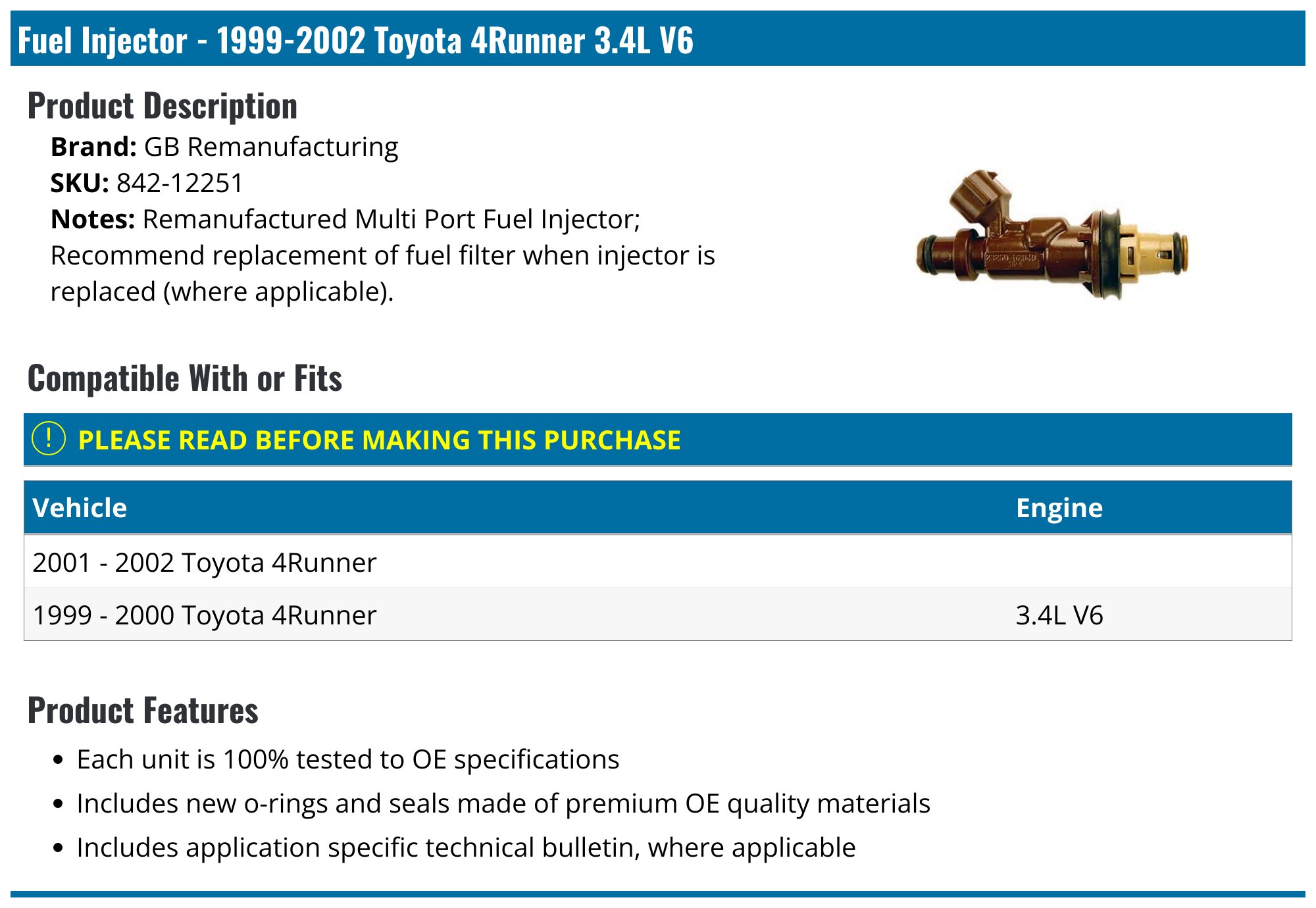 OEM Denso Remanufactured Fuel Injectors – Set Of 6 For 1999-2002 Toyota 4Runner 3.4L V6 – Flow Matched Options, Lifetime Warranty