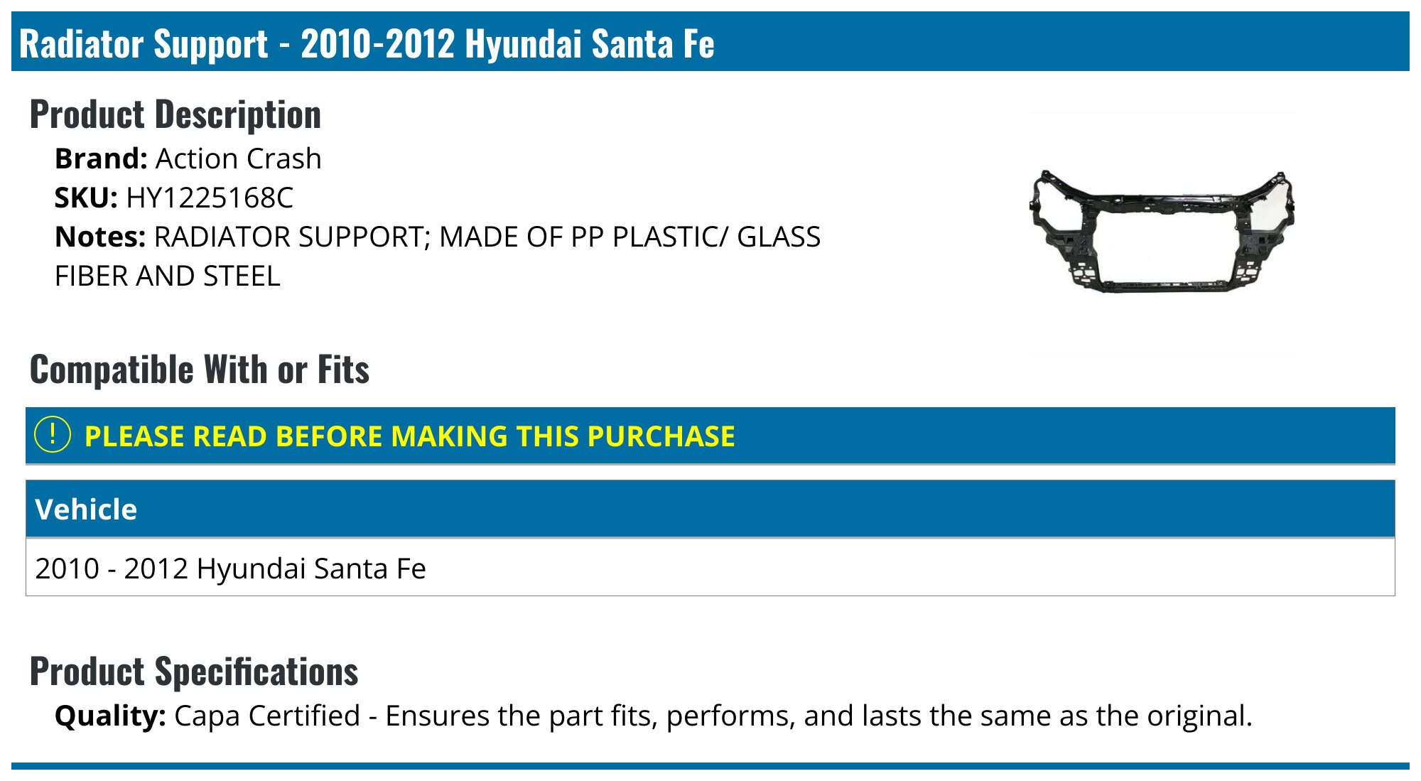 Action Crash Radiator Support - for 2010-2012 Hyundai Santa Fe HY1225168C - Fitment Image