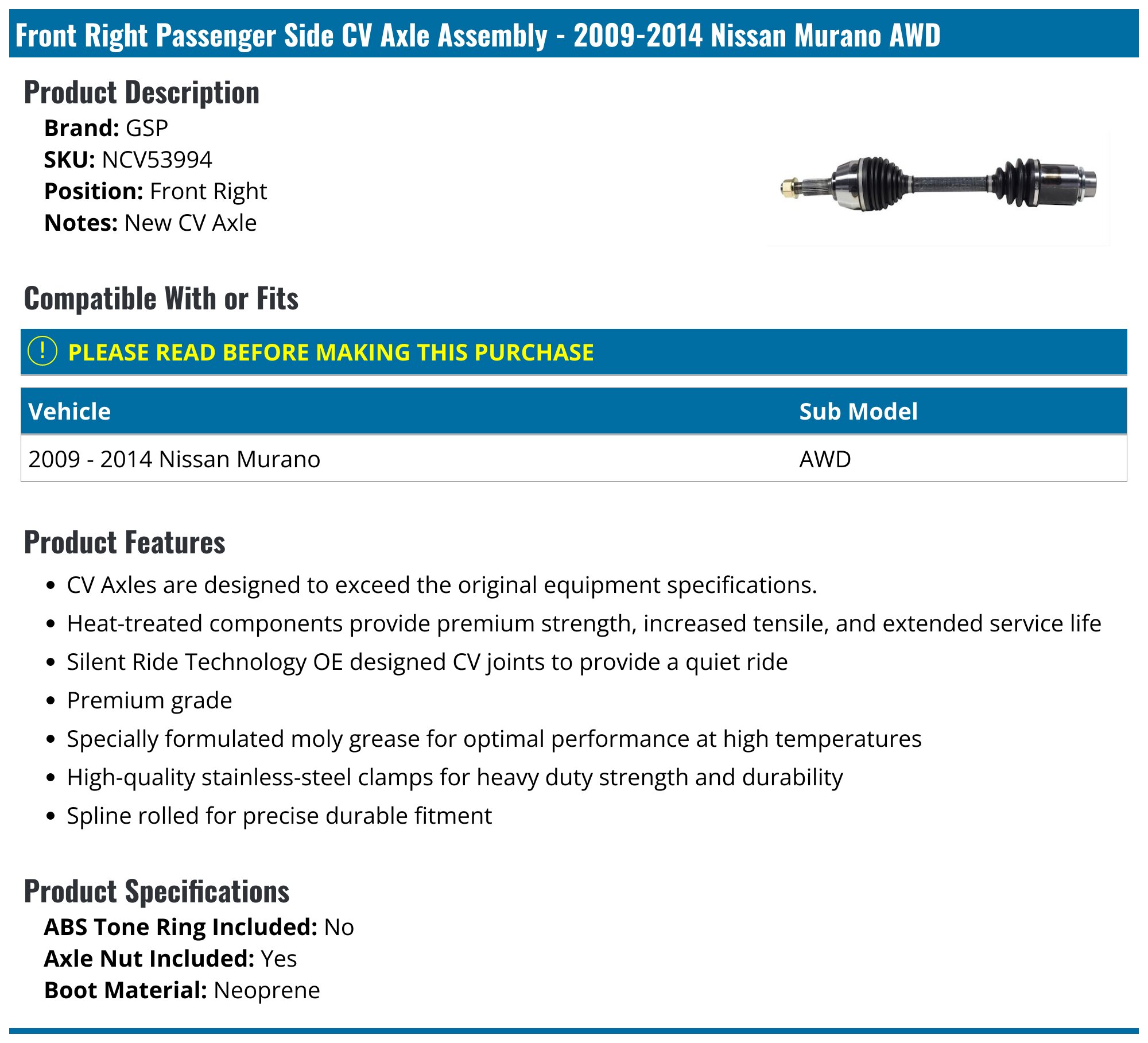 2006 Nissan Murano Front Passenger Side CV Axle