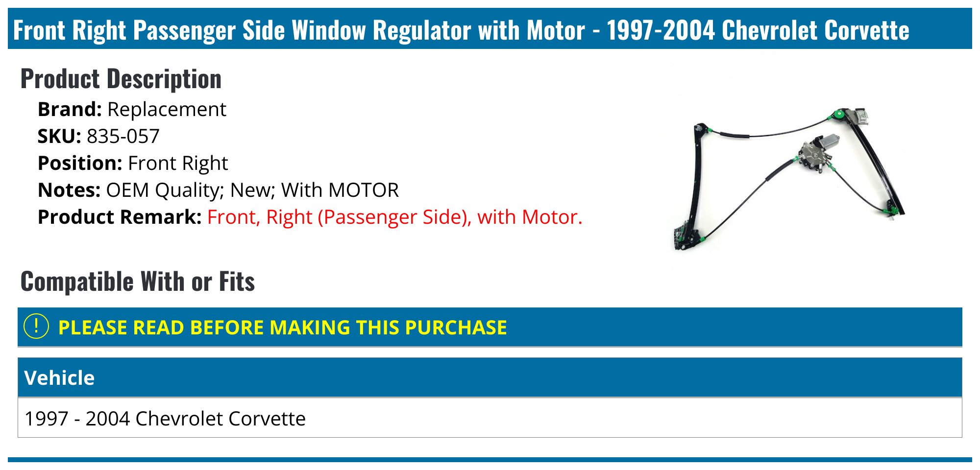A-Premium Power Window Regulator With Motor - Front Left Driver Side For 1997-2004 Chevy Corvette