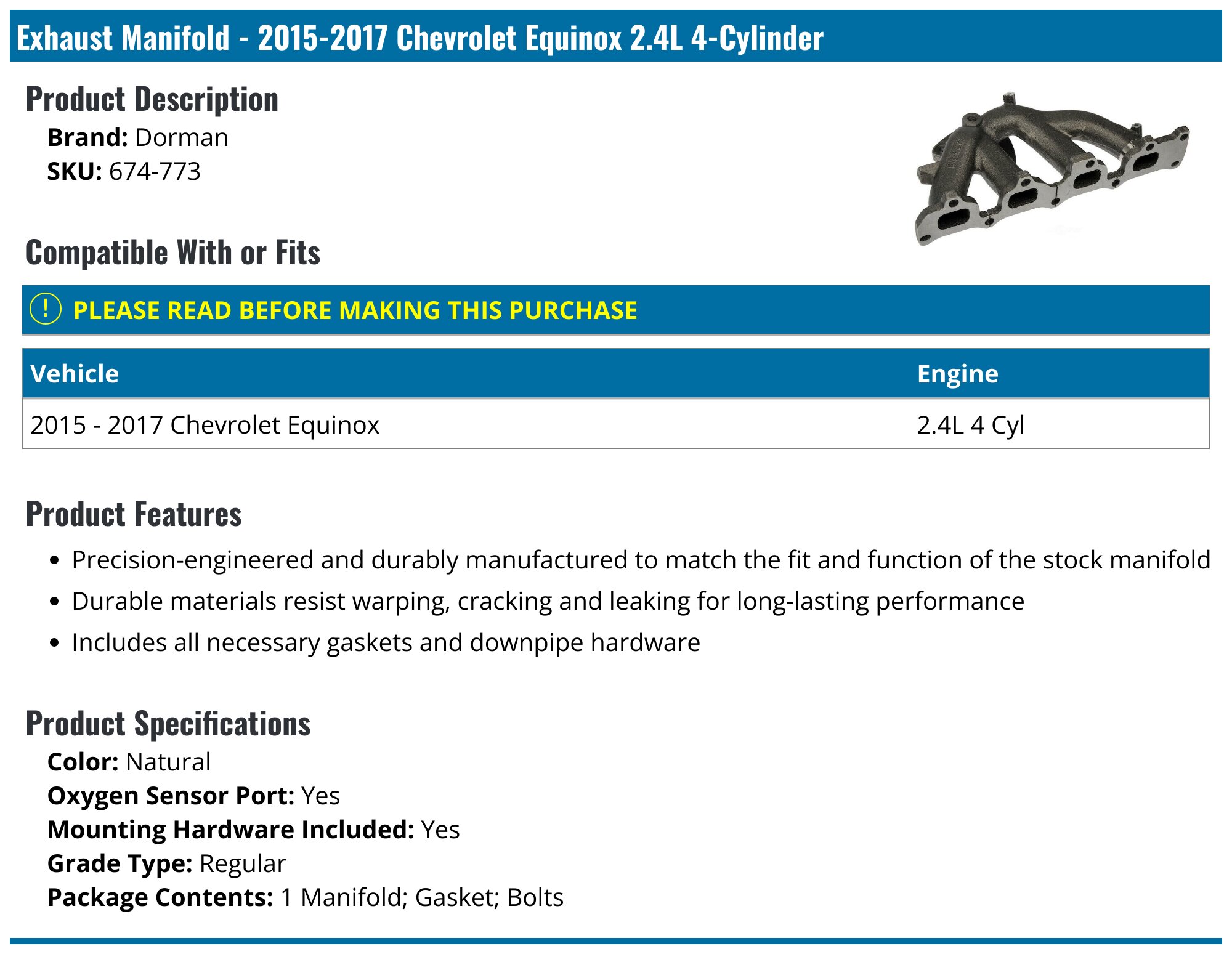 Exhaust Manifold W/ Gaskets For 2015-2017 GMC Terrain Chevrolet Equinox 2.4L L4 - Foto 11