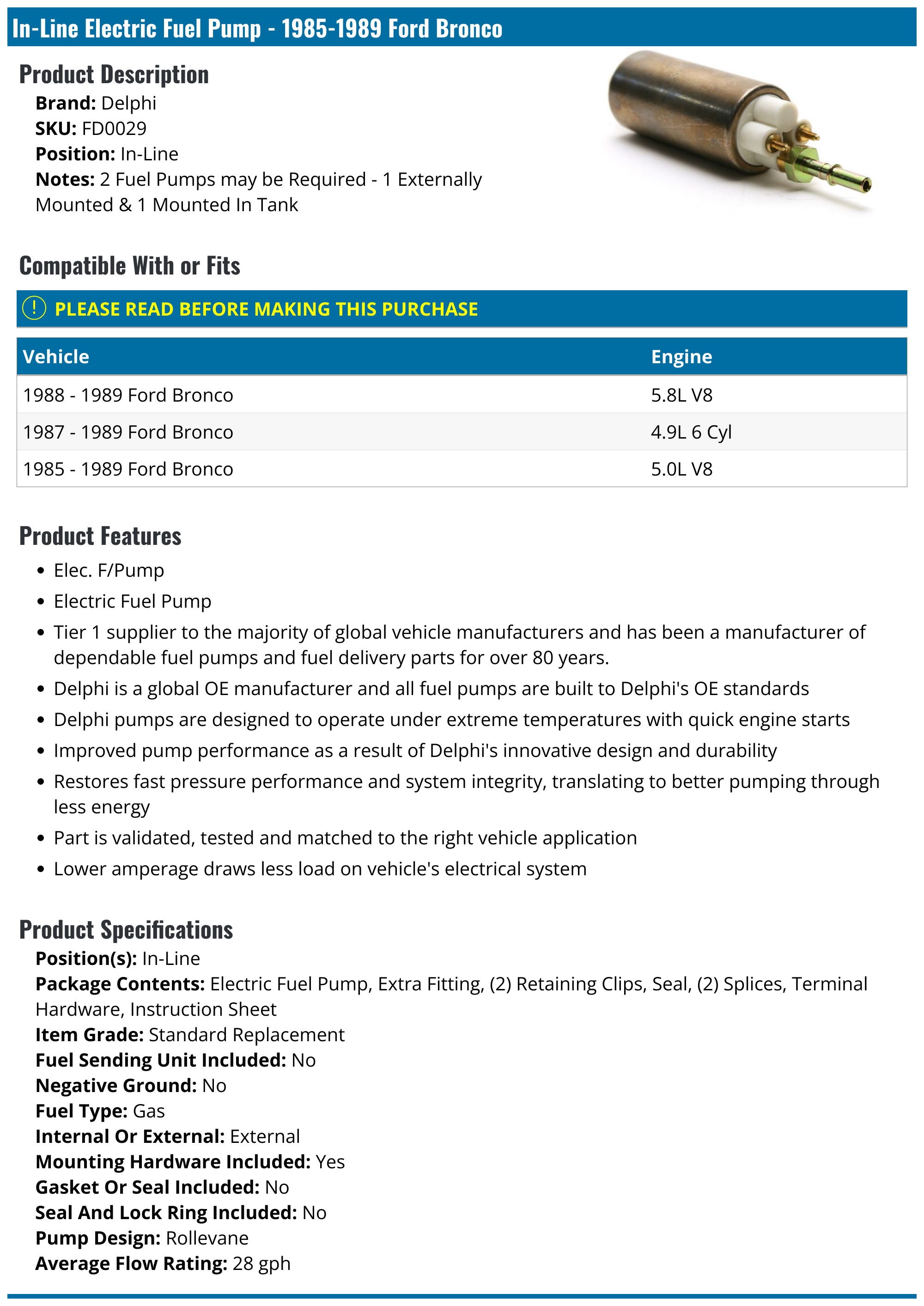 In-Line Electric Fuel Pump - 1985-1989 Ford Bronco - Delphi 4960-05168153, image size:2000x2826