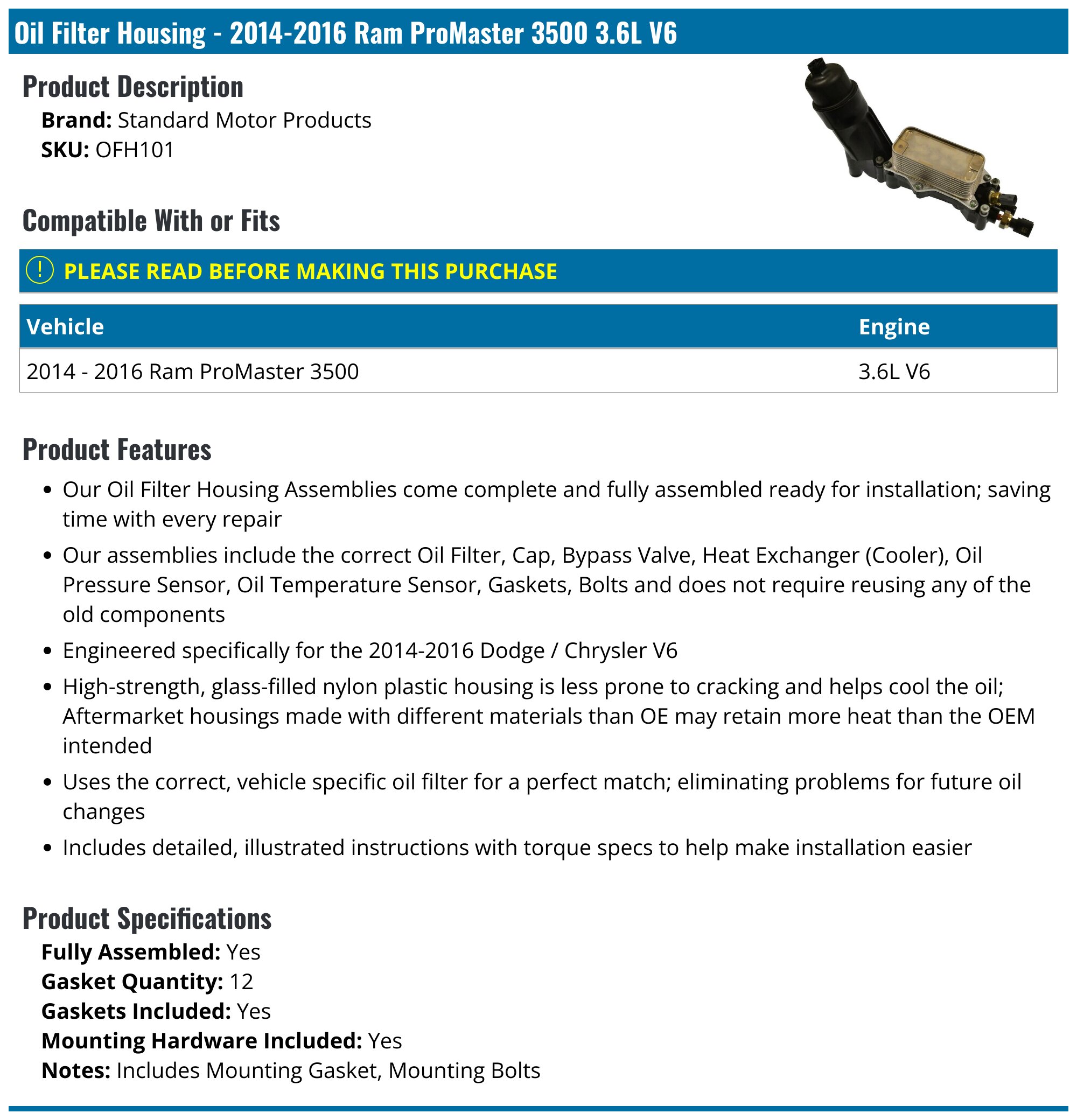 20142016 Ram ProMaster 3500 Oil Filter Housing Standard Motor