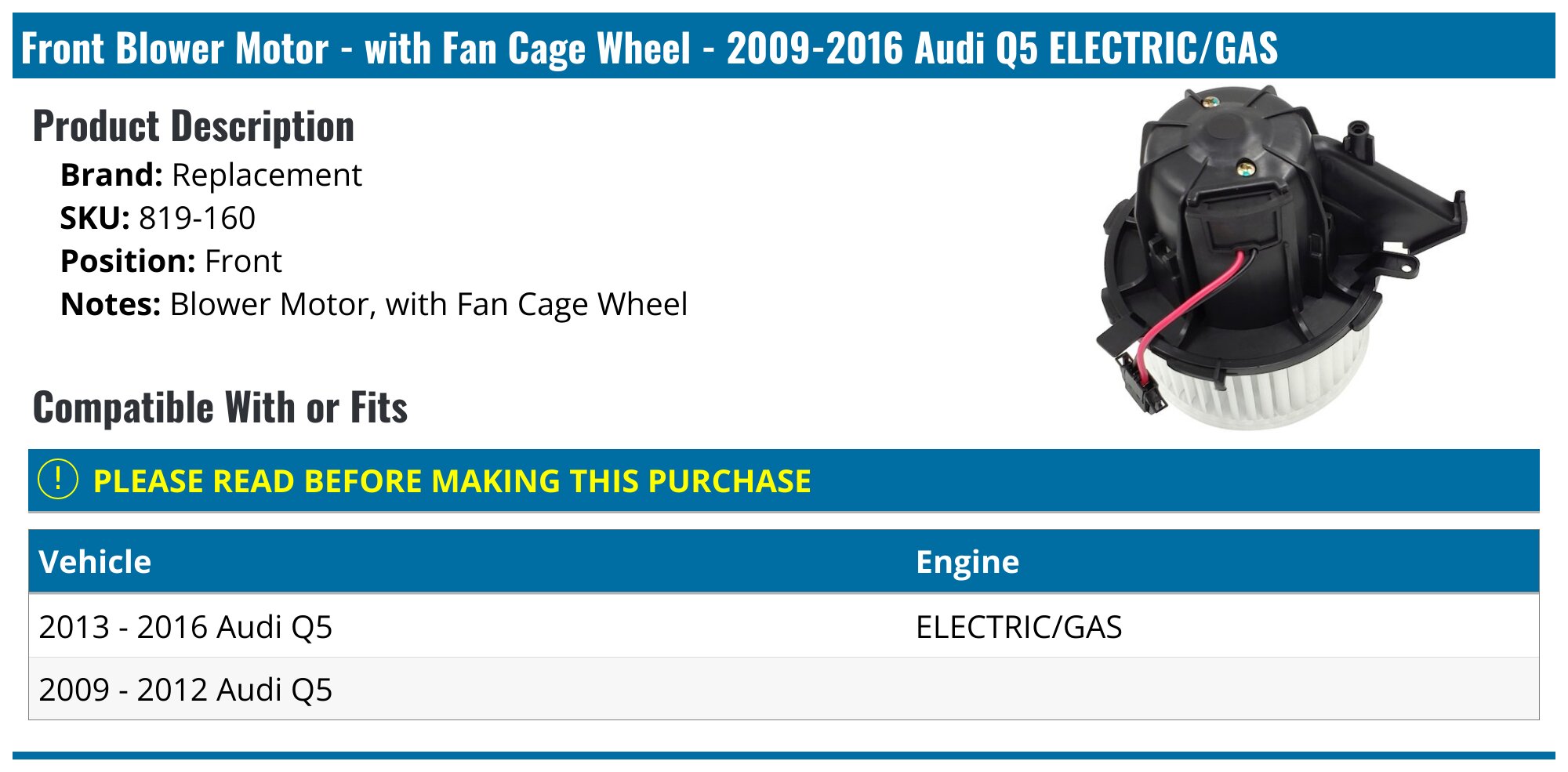 Front HVAC Blower Motor With Fan Cage For Audi A4 Quattro (13-16), Allroad, A5 (12-17), Q5 – Direct Replacement 8T1820021