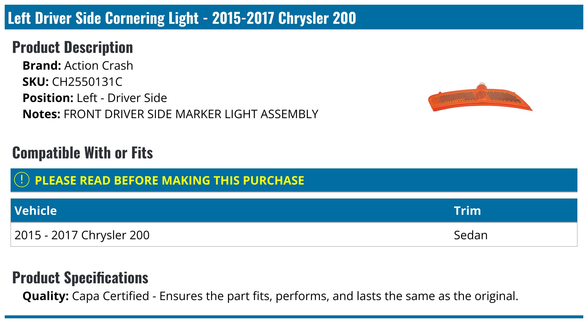 Garage-Pro Fender Compatible with 2015-2017 Chrysler 200 Front, Driver