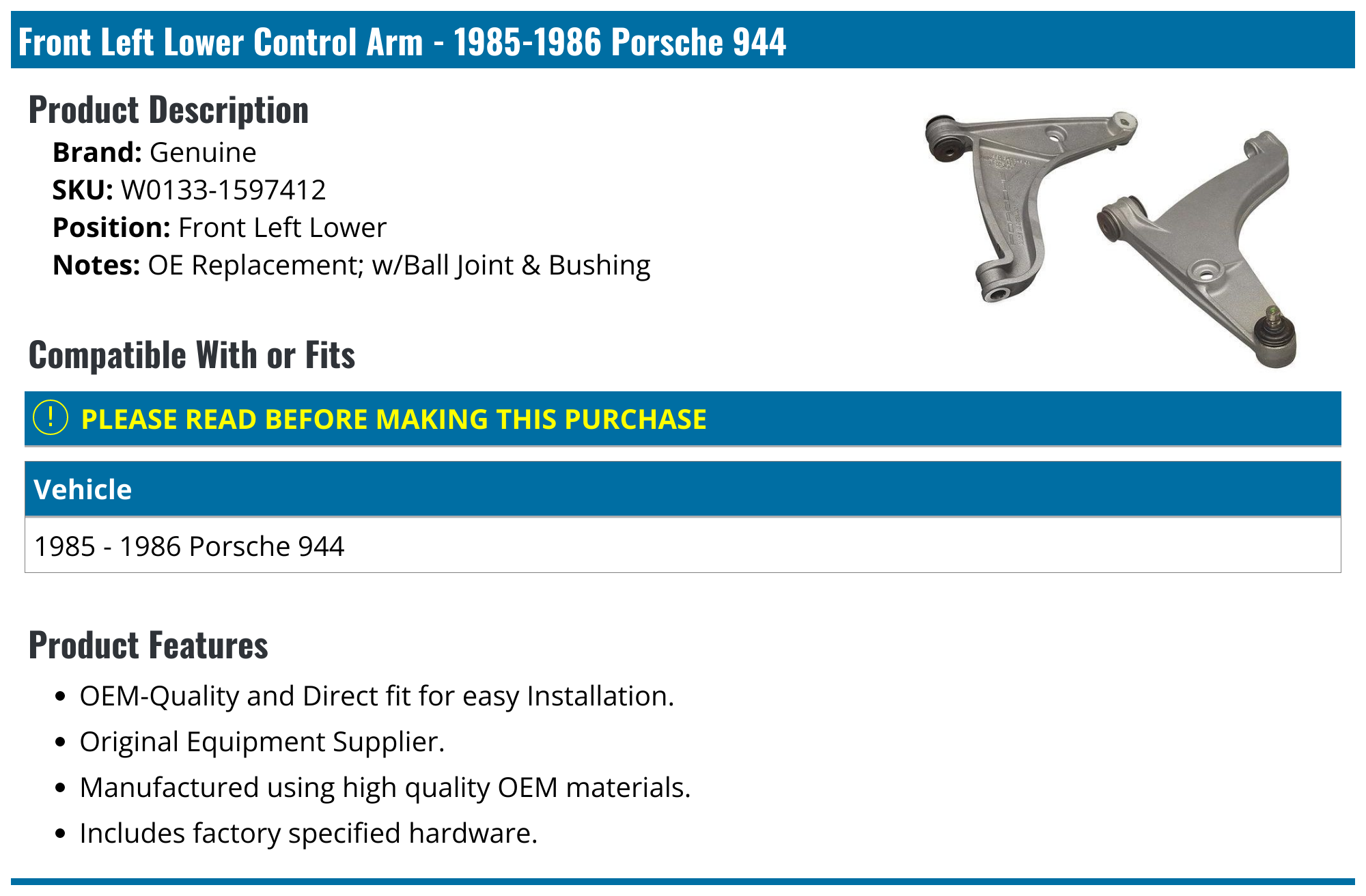 19851986 Porsche 944 Control Arm Genuine W01331597412 Front Left
