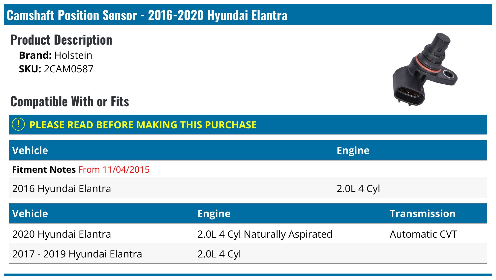 2016-2020 Hyundai Elantra Camshaft Position Sensor - Holstein 2CAM0587 ...