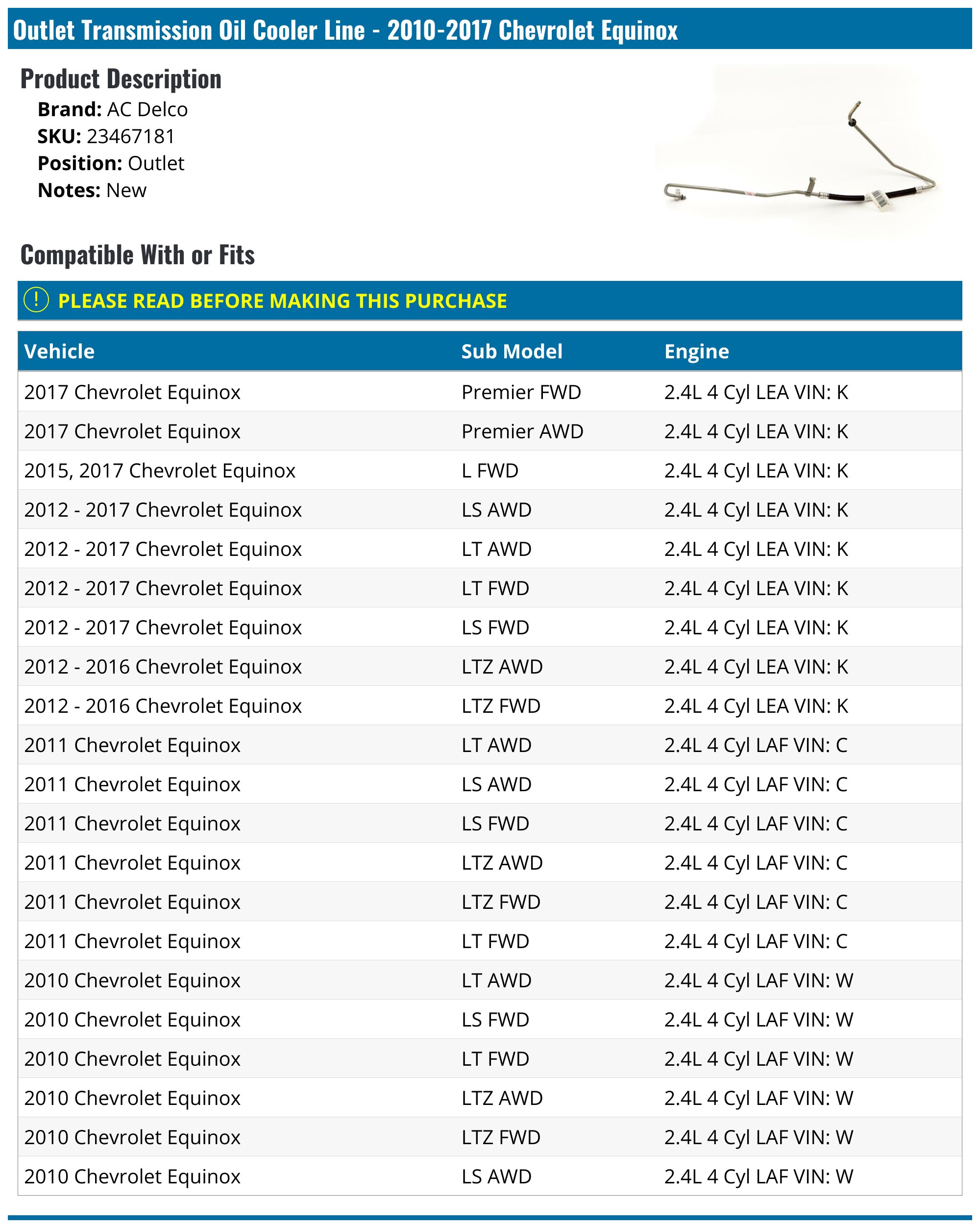 20102017 Chevrolet Equinox Transmission Oil Cooler Line AC Delco