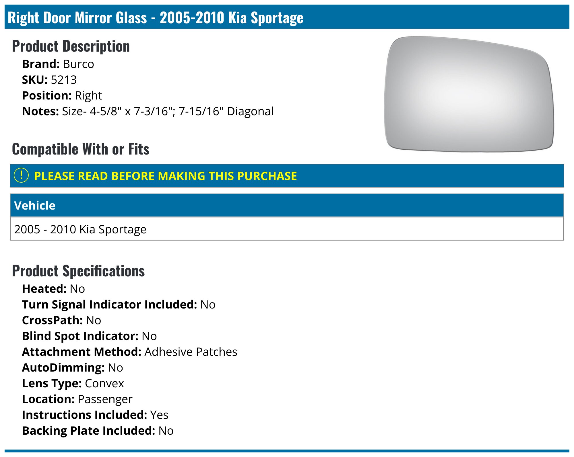 Passenger Side Mirror Glass For 2005-2010 Kia Sportage – Non-Heated, Real Glass