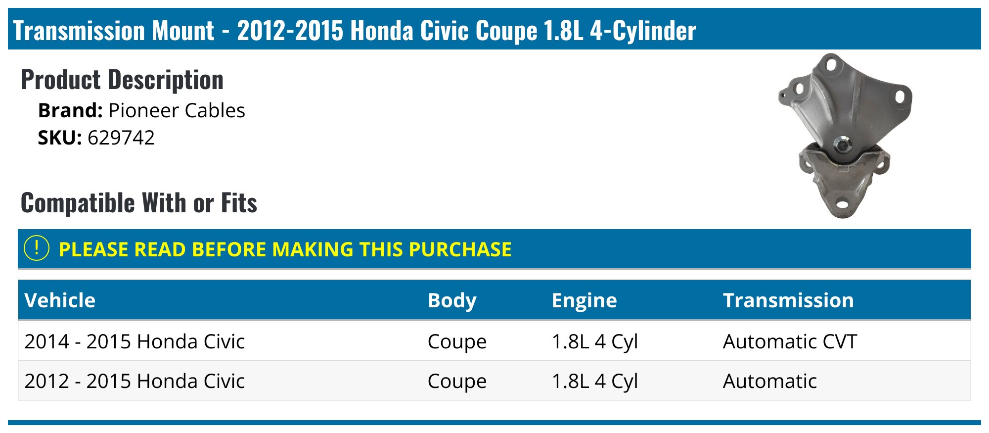 Left Side Transmission Mount For 2016-2019 Honda Civic 2.0L - Automatic CVT