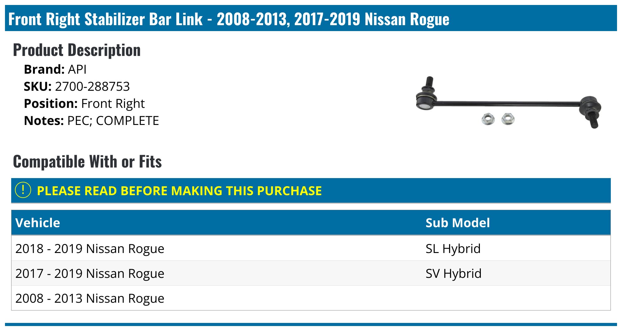 Nissan Rogue Sway Bar Link - Sway Bar Links - Moog Mevotech Sankei