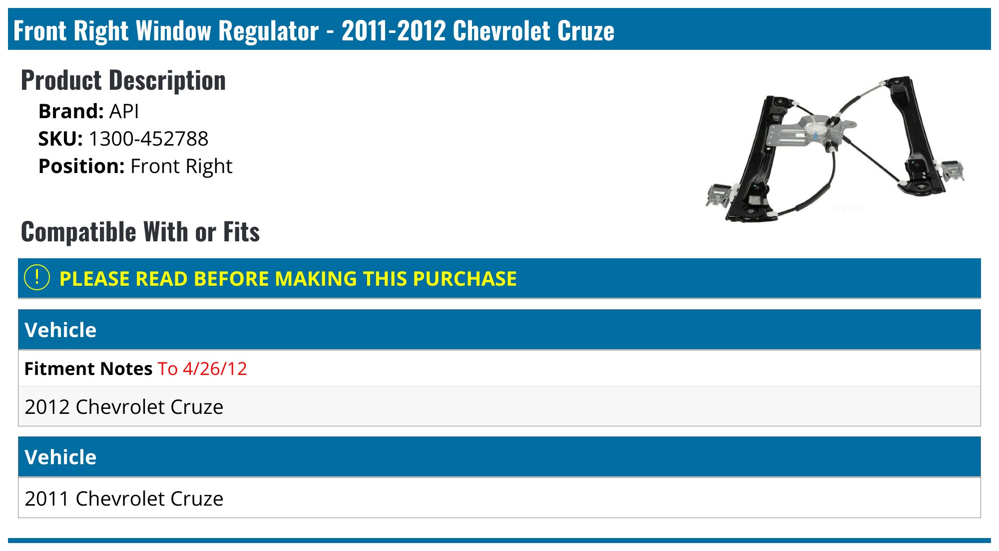 Power Window Regulator With Motor – Front Right Passenger For 2012-2016 Chevy Cruze