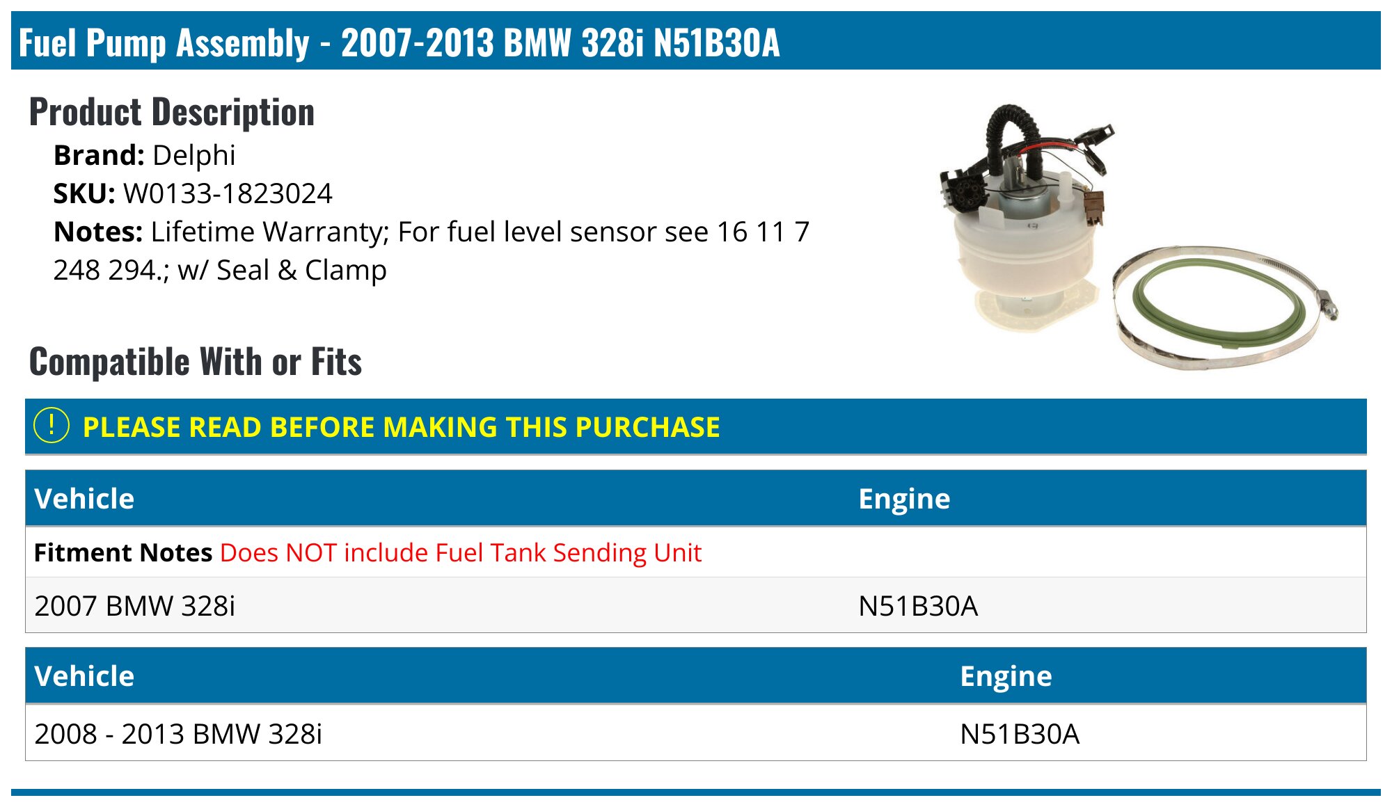 2007-2013 BMW 328i Fuel Pump - Delphi W0133-1823024 - PartsGeek.com