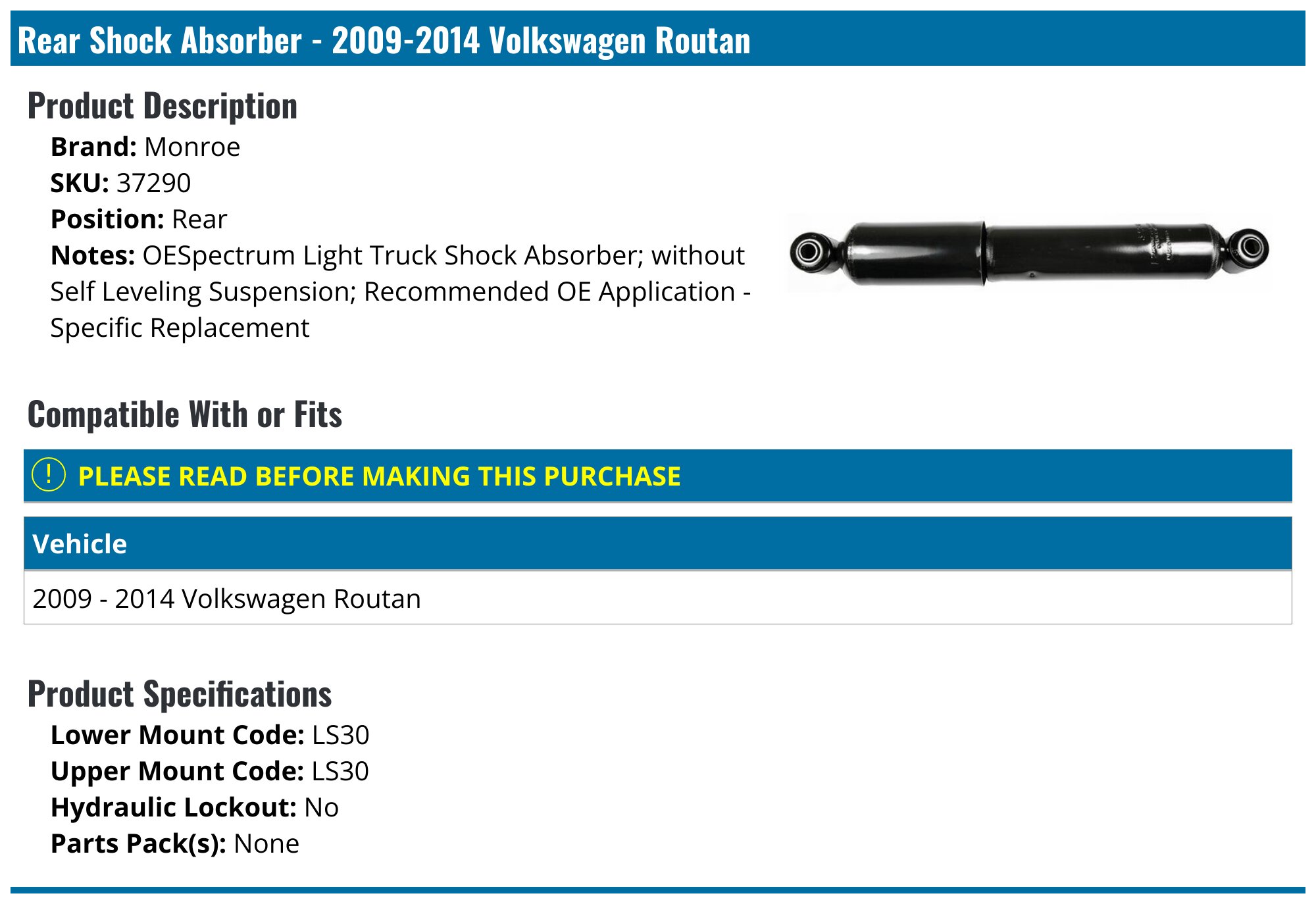 Pair Of Rear Left And Right Shock Absorbers 37290 For Volkswagen Routan - Direct Replacement