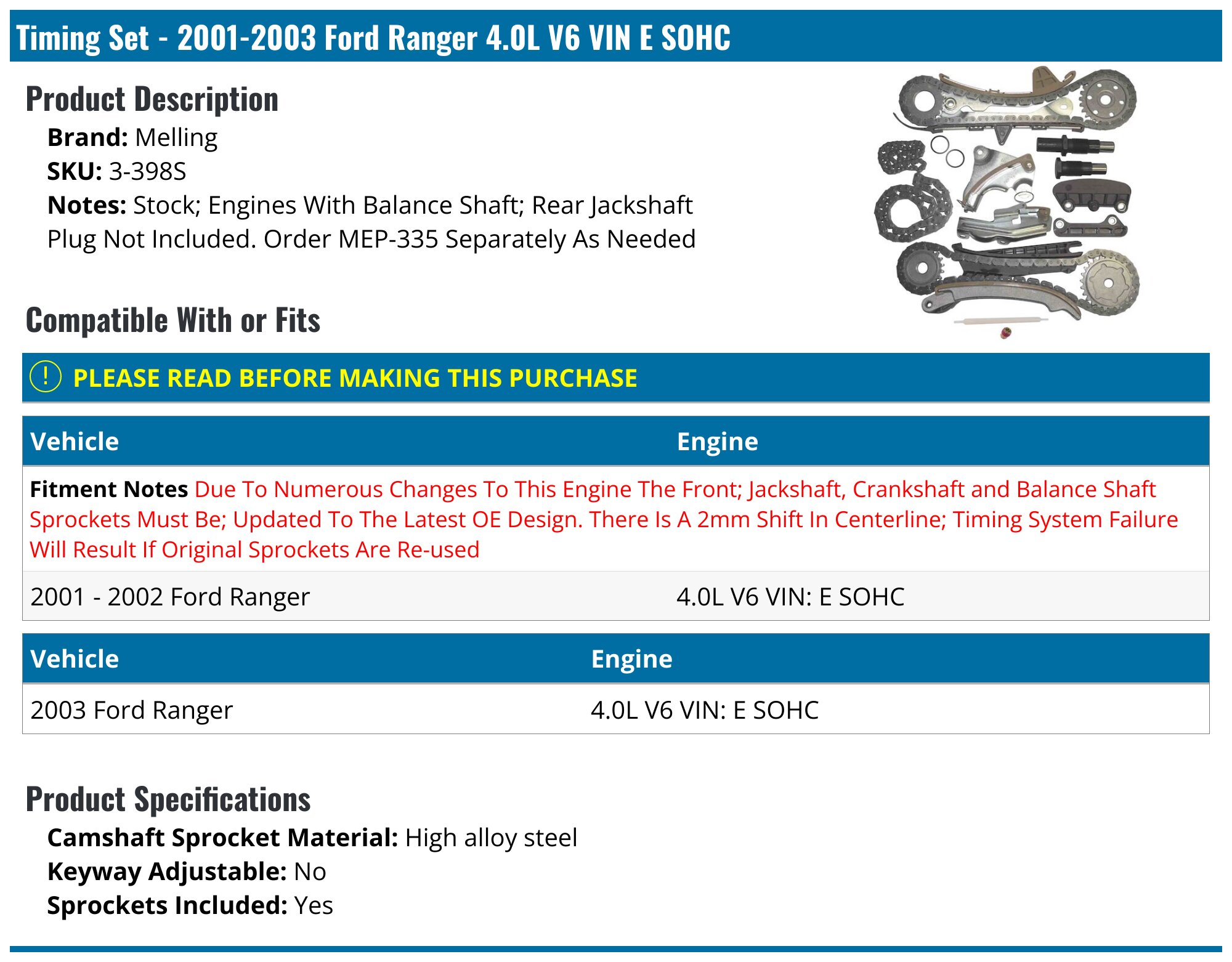 2001-2003 Ford Ranger Timing Chain - Melling 3-398S - PartsGeek.com