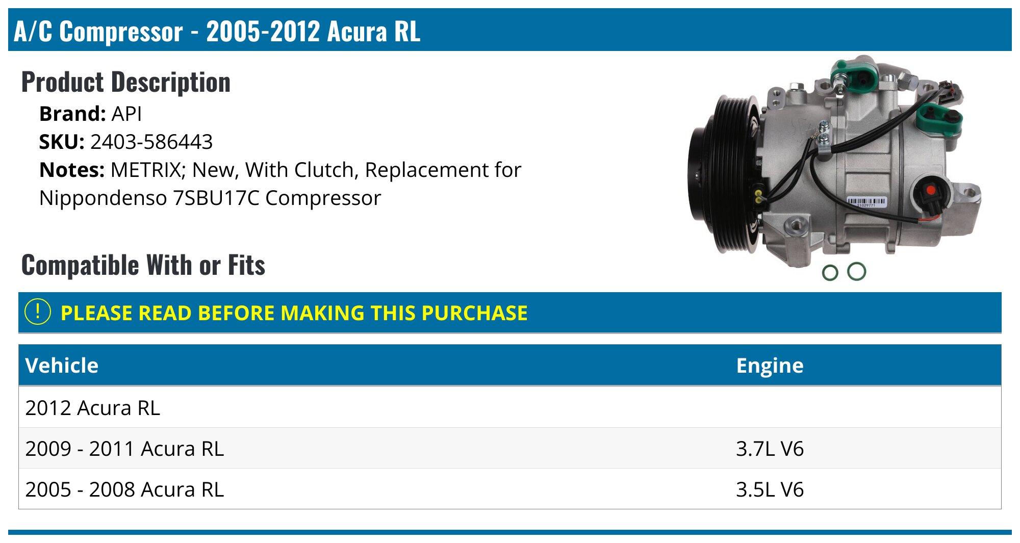 Used Acura RL A/C Compressor 3.5L – 2005-2012, Low KM, Pulled From Japan Car