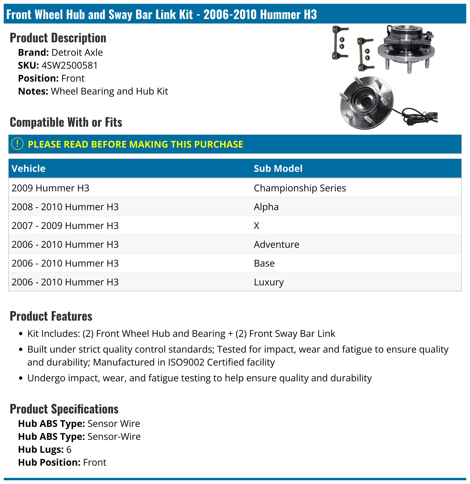 Front Wheel Bearing & Hub + Sway Bar Links Kit For 2006-2010 Hummer H3 (Both Sides) 11 thumbnail image