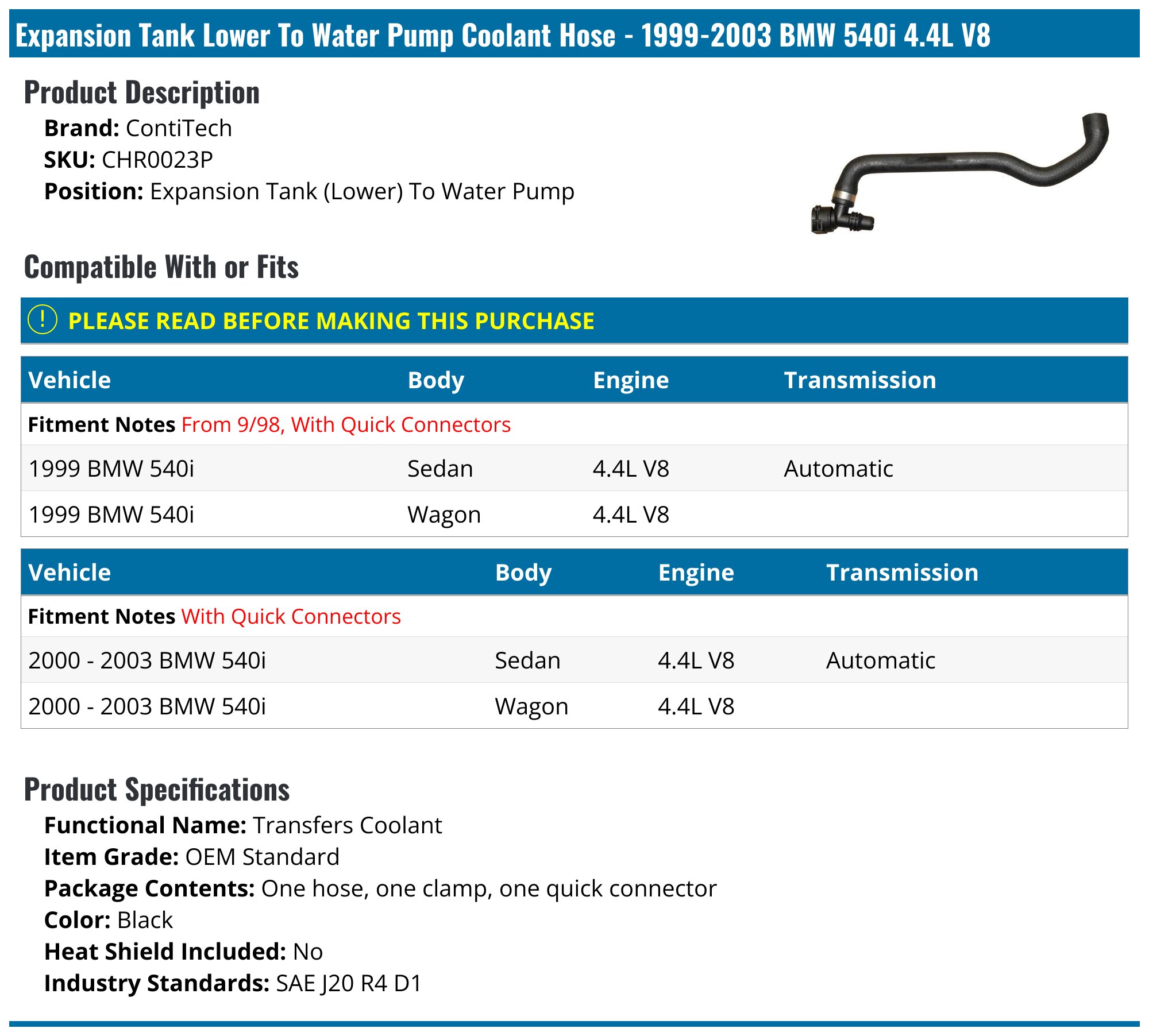 1999-2003 BMW 540i Coolant Hose - ContiTech CHR0023P - Expansion Tank ...