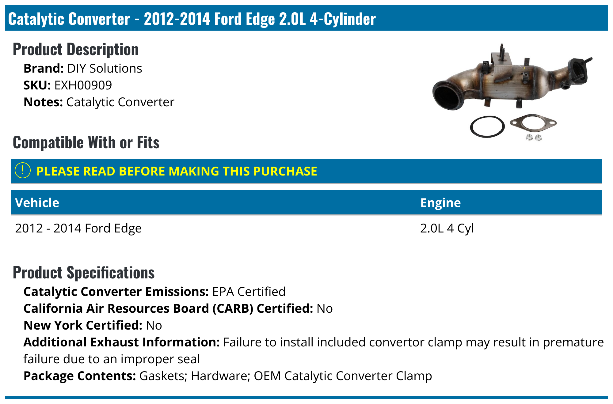 20122014 Ford Edge Catalytic Converter DIY Solutions EXH00909