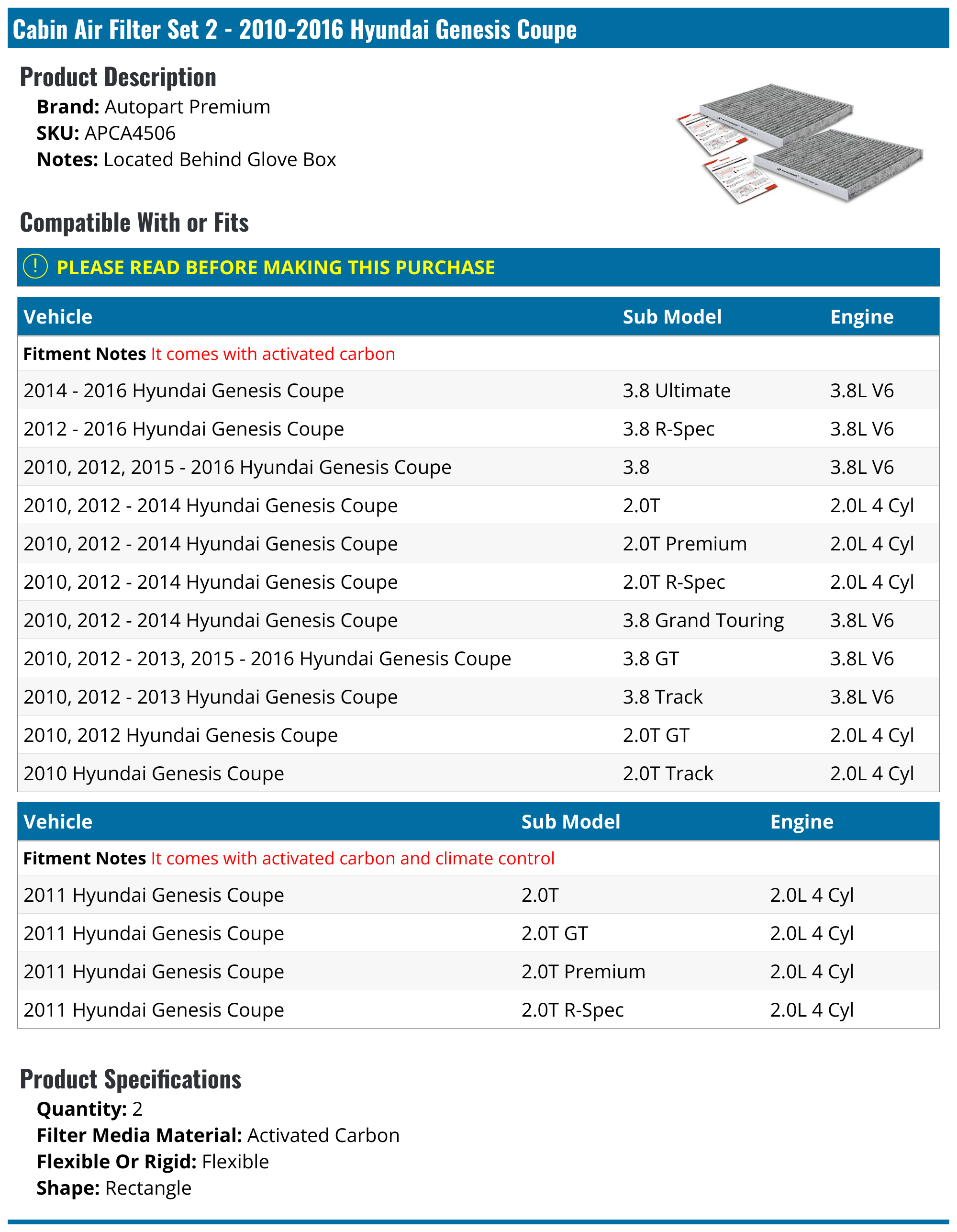 20102016 Hyundai Genesis Coupe Cabin Air Filter Autopart Premium