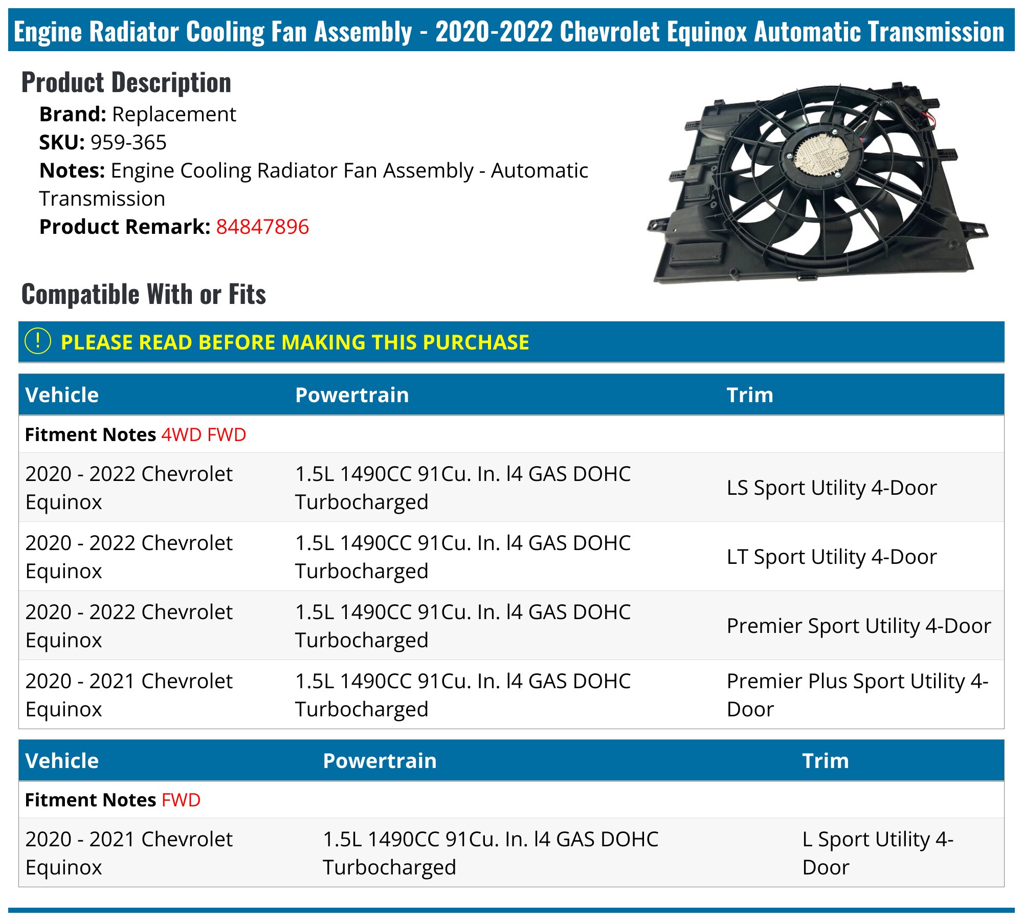 Ventilador Radiador Gmc Terrain 2020-2022 Chevrolet2020-2022 Ventilador Radiador Gmc Terrain 2020-2022 Chevrolet2020-2022