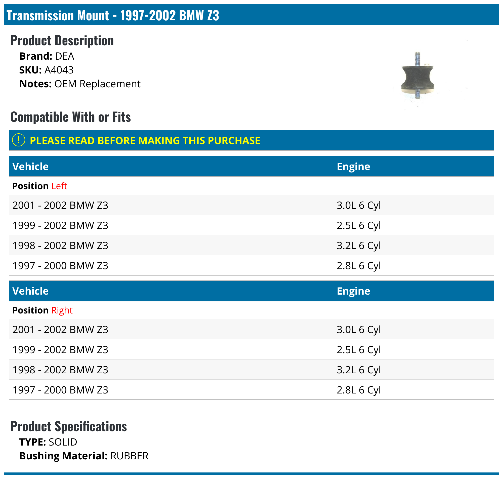 19962002 BMW Z3 Transmission Mount DEA A4043 Left