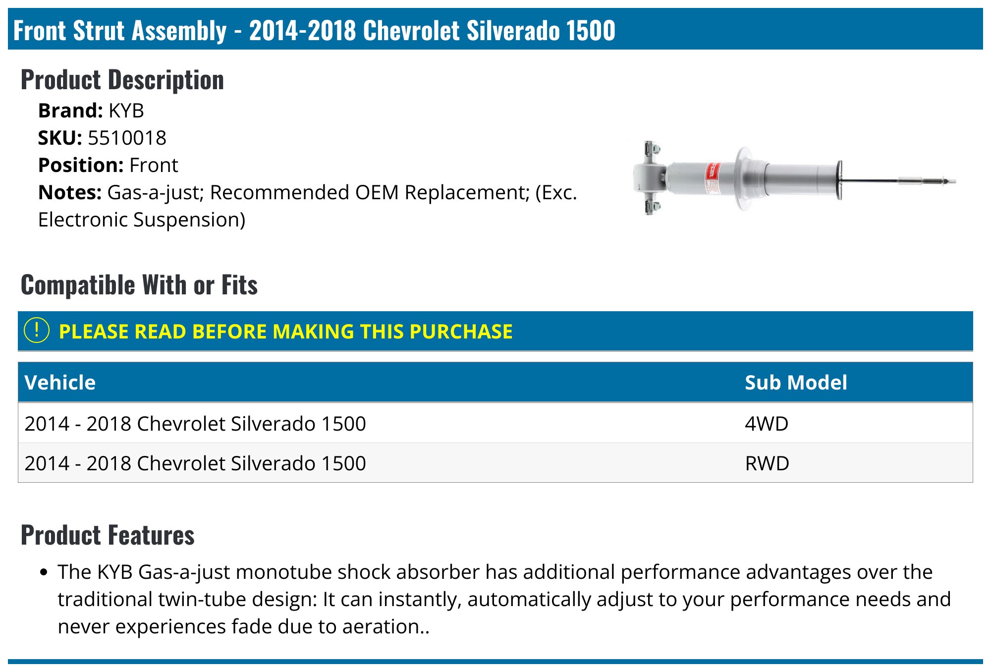 2014-2018 Chevrolet Silverado 1500 Strut Assembly - KYB 5510018 - Front ...