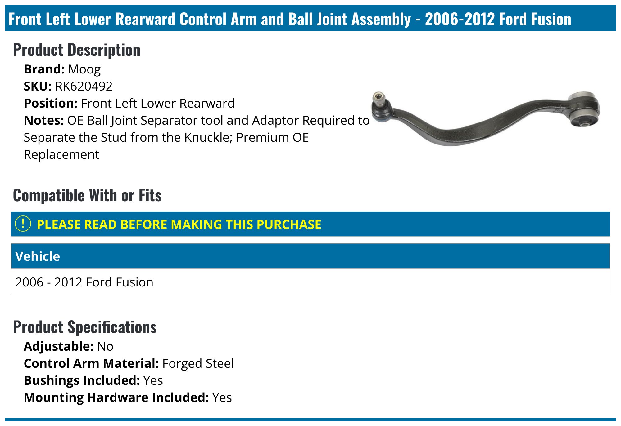 20062012 Ford Fusion Control Arm Moog RK620492 Front Left Lower