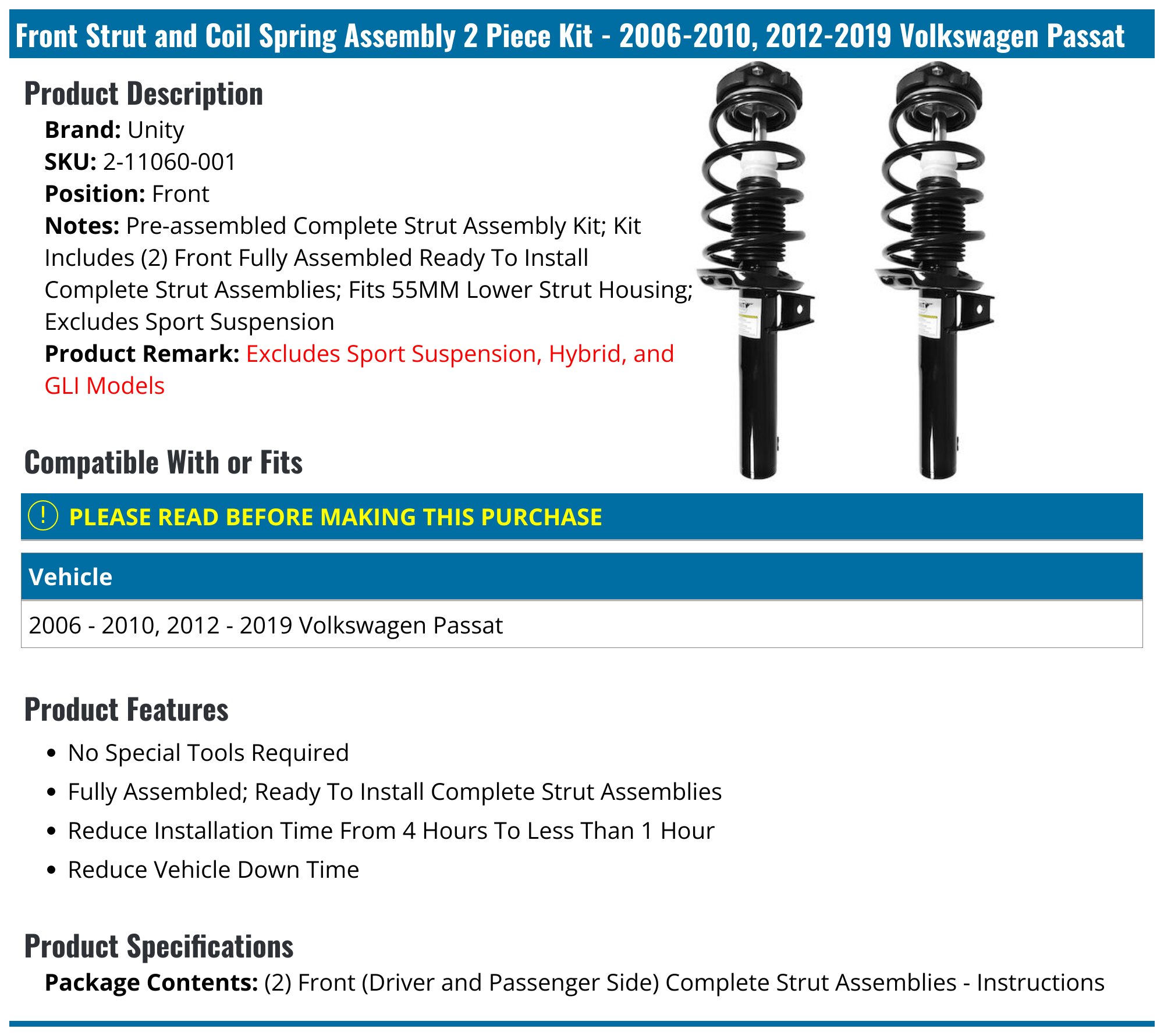 Pair Of Front Complete Strut Assemblies For VW Passat 2012-2018 (2.5L, 1.8L) – PM Auto