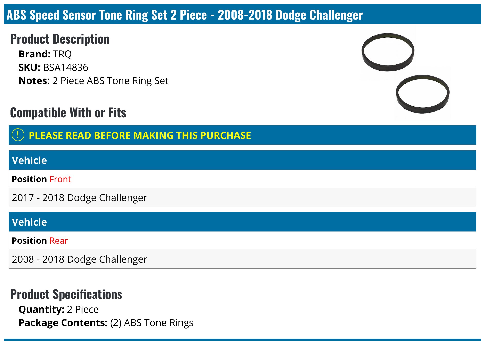 TRQ ABS Speed Sensor Tone Ring Set For Dodge Challenger 2008-2018 – 81212QR