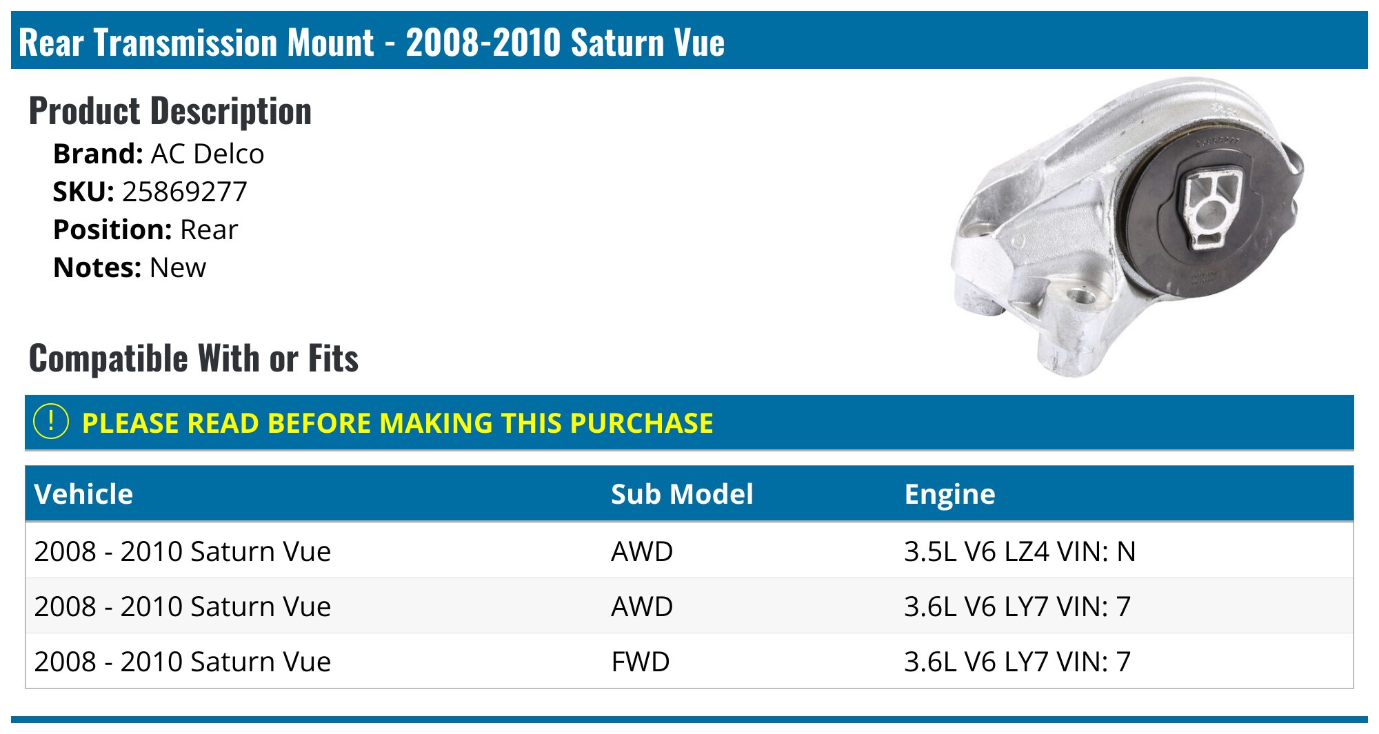 Transmission Mount For Saturn Vue 2008-2010 | Rear Mount For 3.5L/3.6L V6 Automatic | OEM 25869277 Replacement