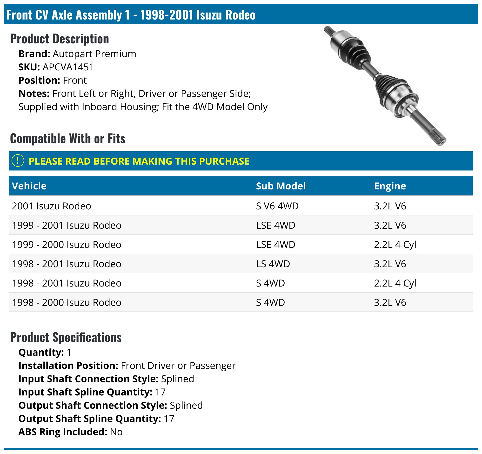 1998-2001 Isuzu Rodeo Axle Assembly - Autopart Premium APCVA1451 ...