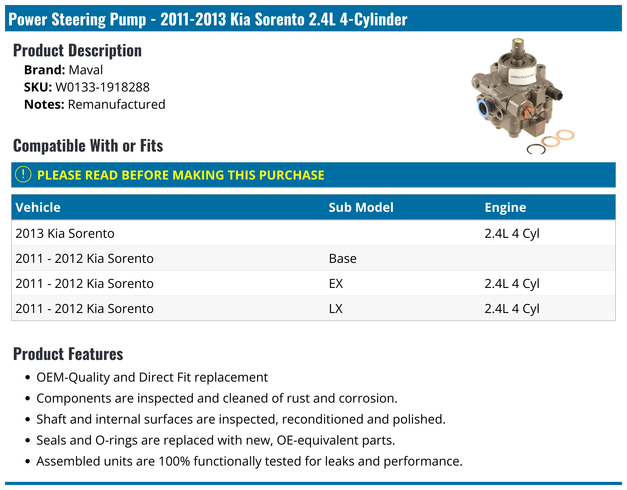 20112013 Kia Sorento Power Steering Pump Maval W01331918288