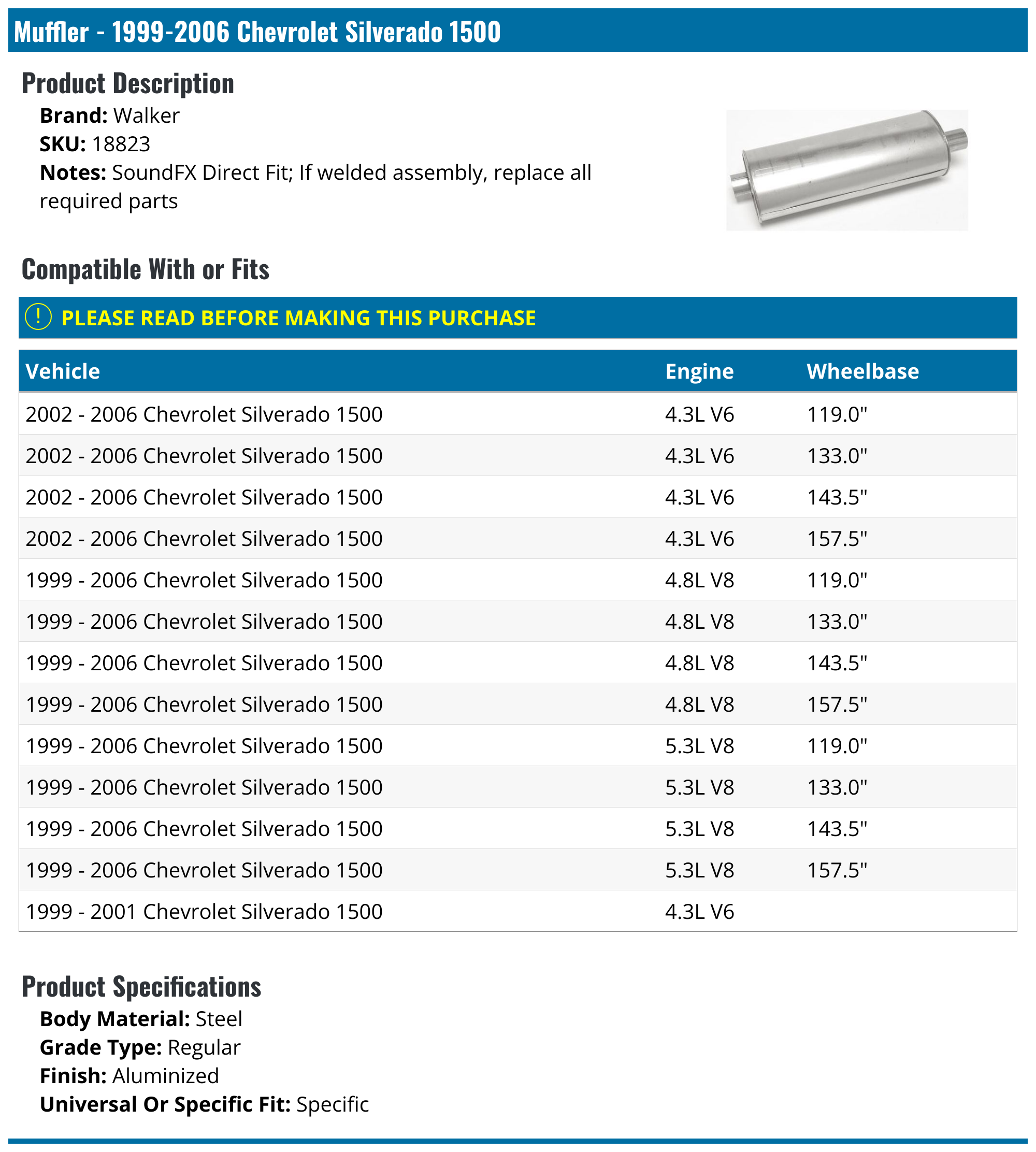 Muffler - 1999-2006 Chevrolet Silverado 1500 - Walker 3691-05074121, image size:2000x2224