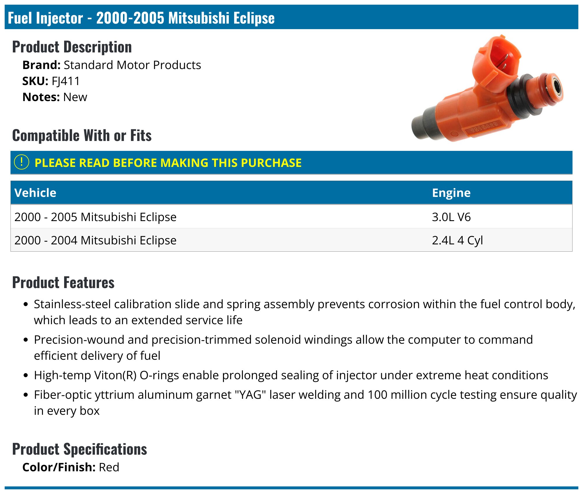 2000-2005 Mitsubishi Eclipse Fuel Injector - Standard Motor 2000-2005 Mitsubishi Eclipse Fuel Injector - Standard Motor