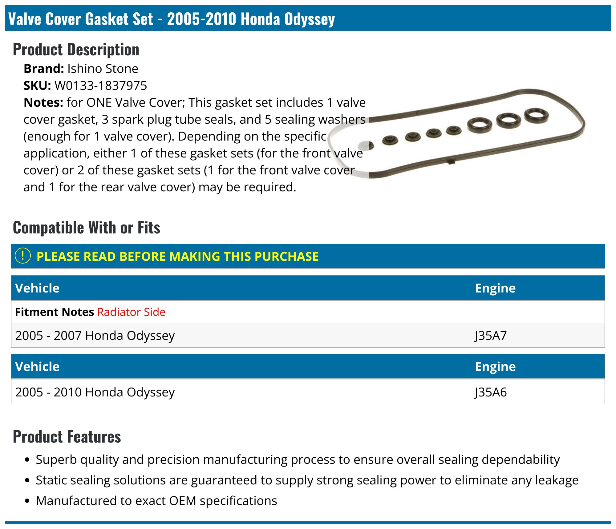 Valve Cover Gasket Set For Honda Odyssey 2005-2010 3.5L V6 VTEC – OEM Spec – Includes Spark Plug Seals