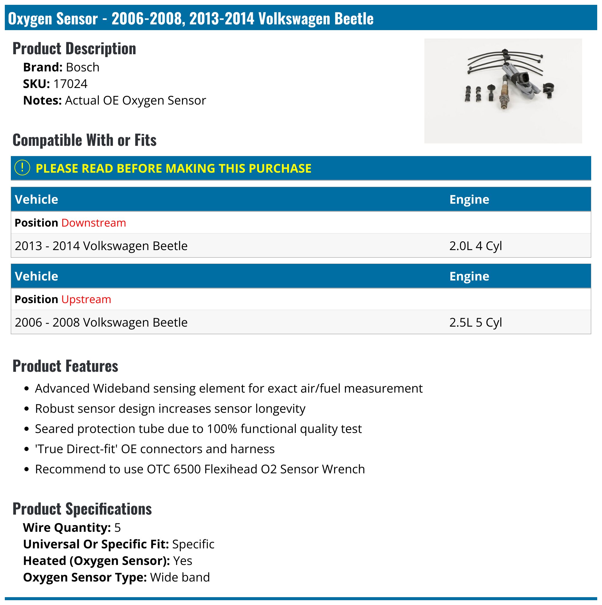 2006-2008, 2013-2014 Volkswagen Beetle Oxygen Sensor - Bosch 17024 ...