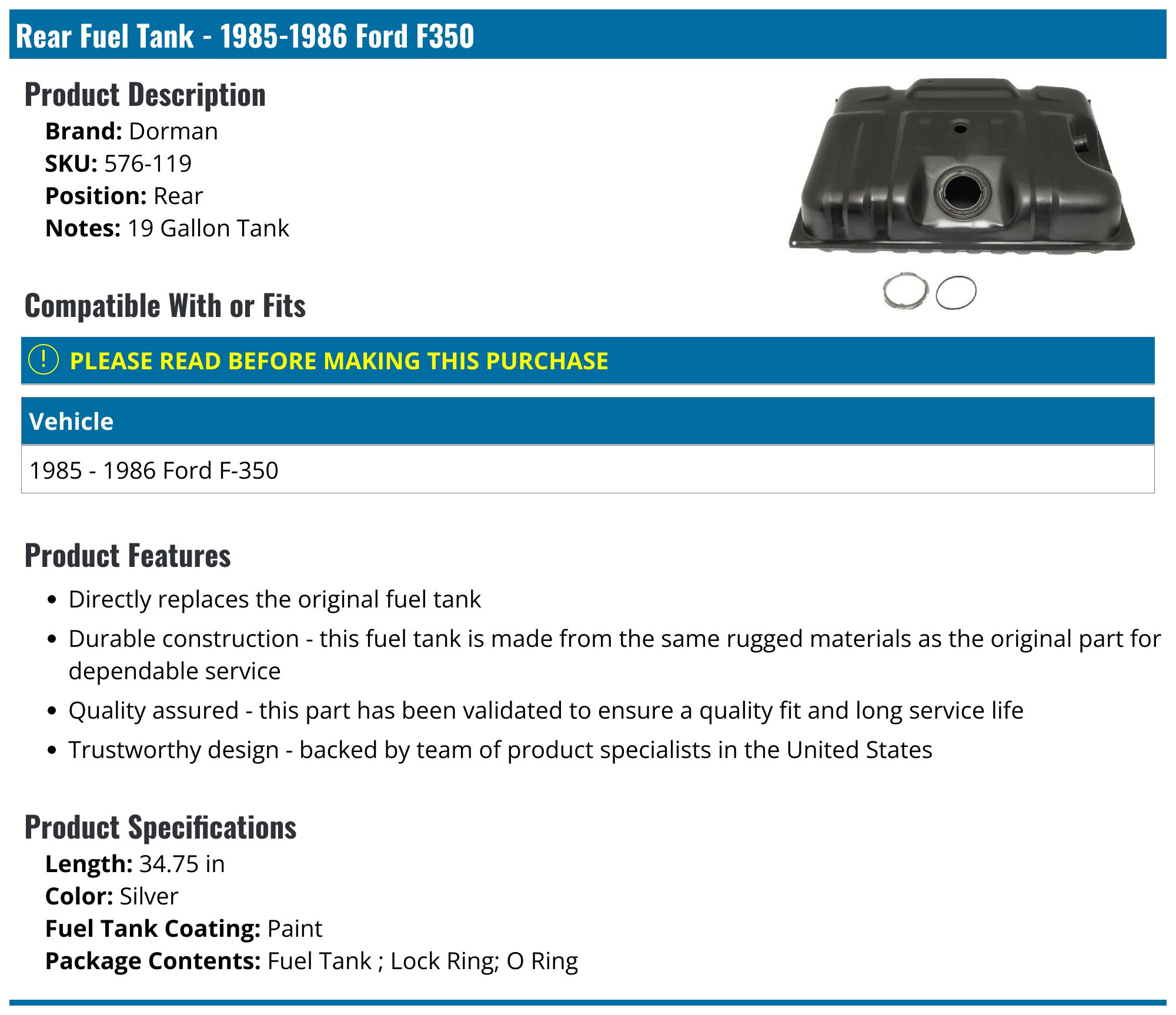 1985-1986 Ford F350 Fuel Tank - Dorman 576-119 - Rear - PartsGeek.com