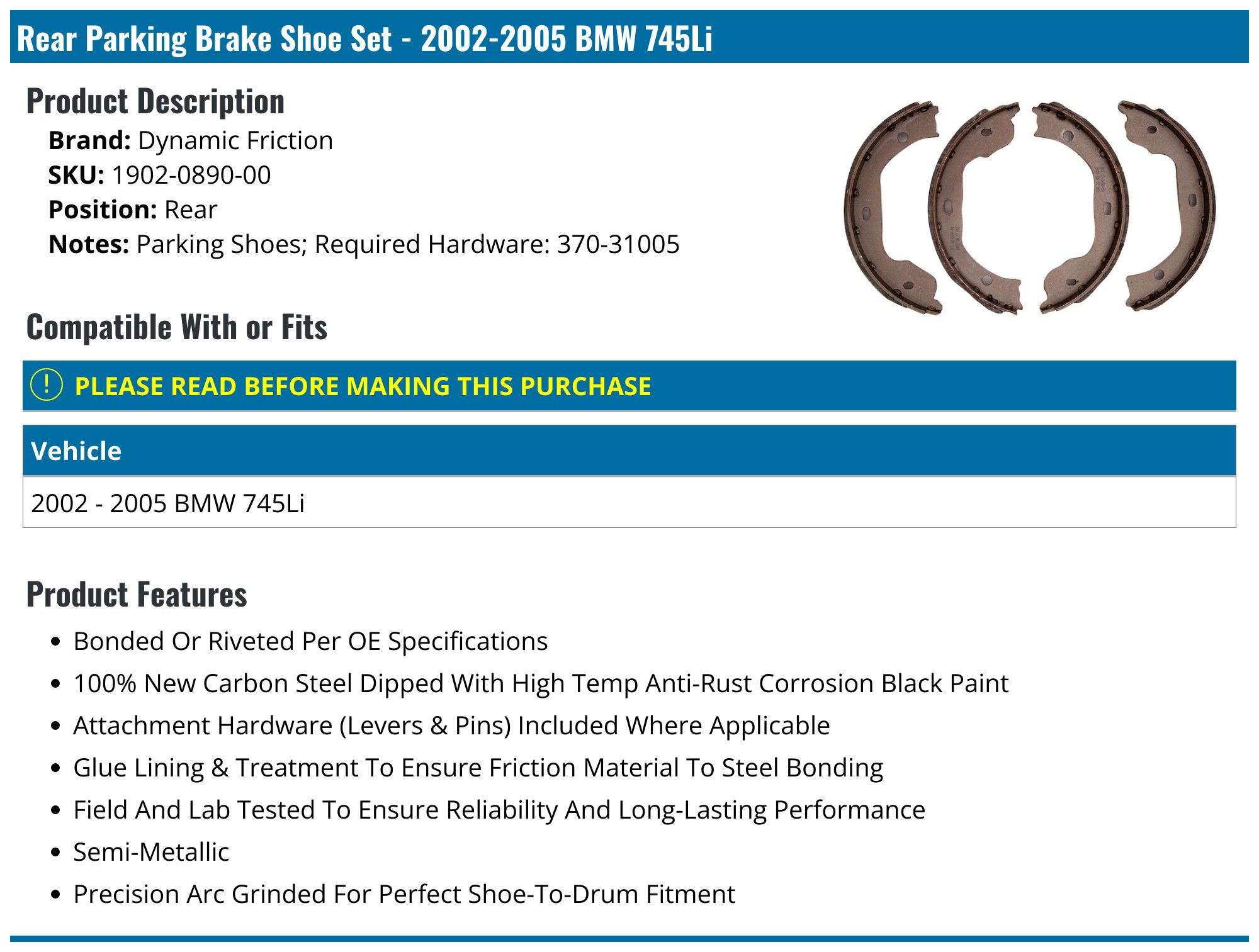 2002-2005 BMW 745Li Brake Shoe Set - Dynamic Friction 1902-0890-00 ...