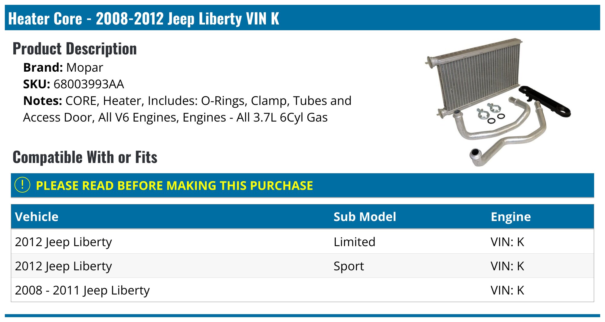 Four Seasons Heater Core 63773BP – For Jeep Liberty 2008–2012 (Inlet & Outlet Pipes Included)
