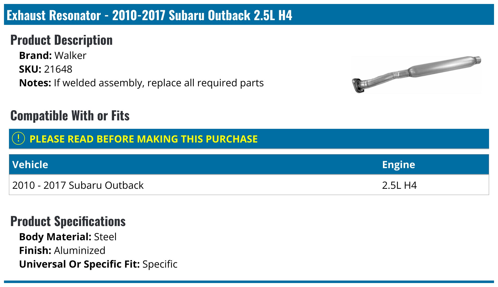 Stainless Steel Resonator Assembly For 2010-2014 Subaru Outback 2.5L – Direct Fit