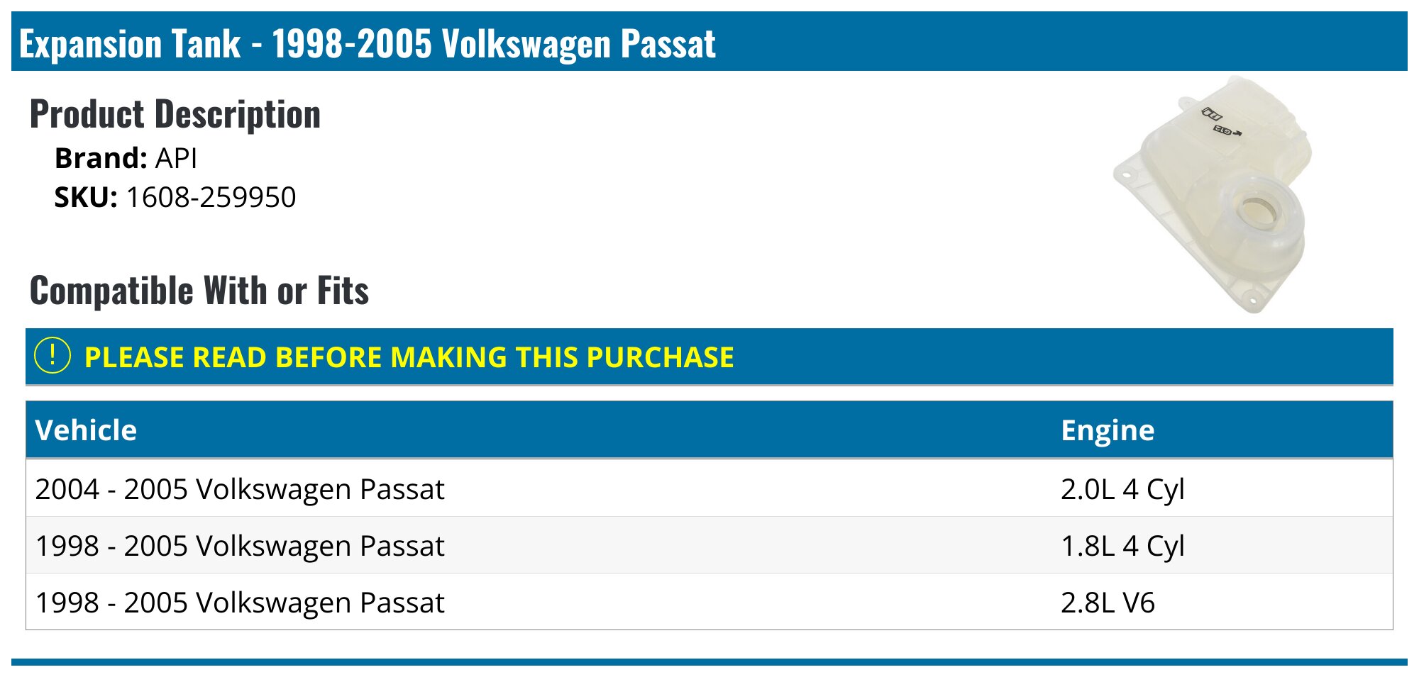 2-Pack Coolant Overflow Tank For 1998-2004 VW Passat 2.8L – Direct Fit, Cap Included