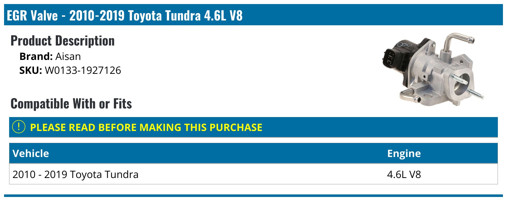 20102019 Toyota Tundra EGR Valve Aisan W01331927126